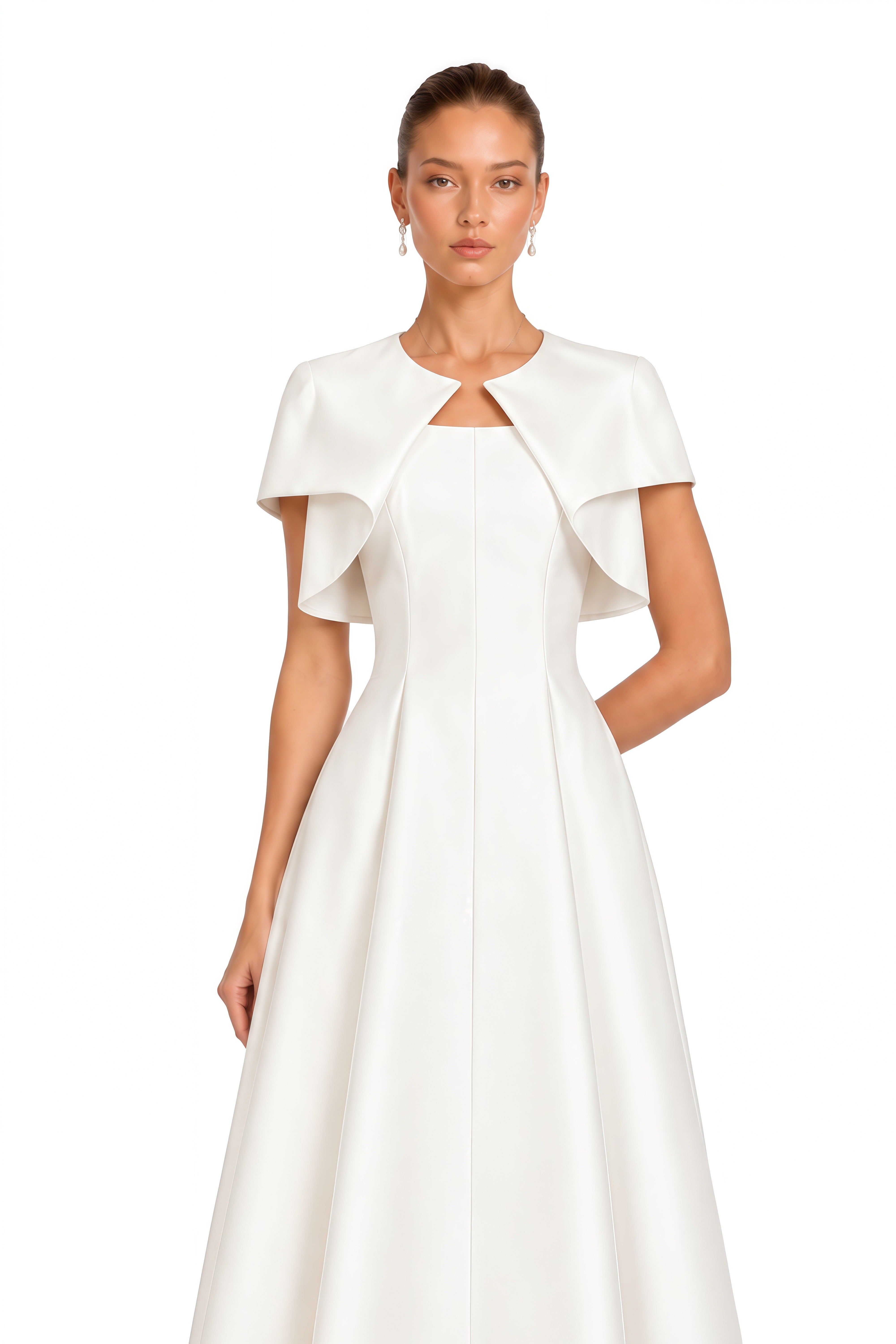 Cora White Spaghetti Strap A-Line Midi Dress with Cape