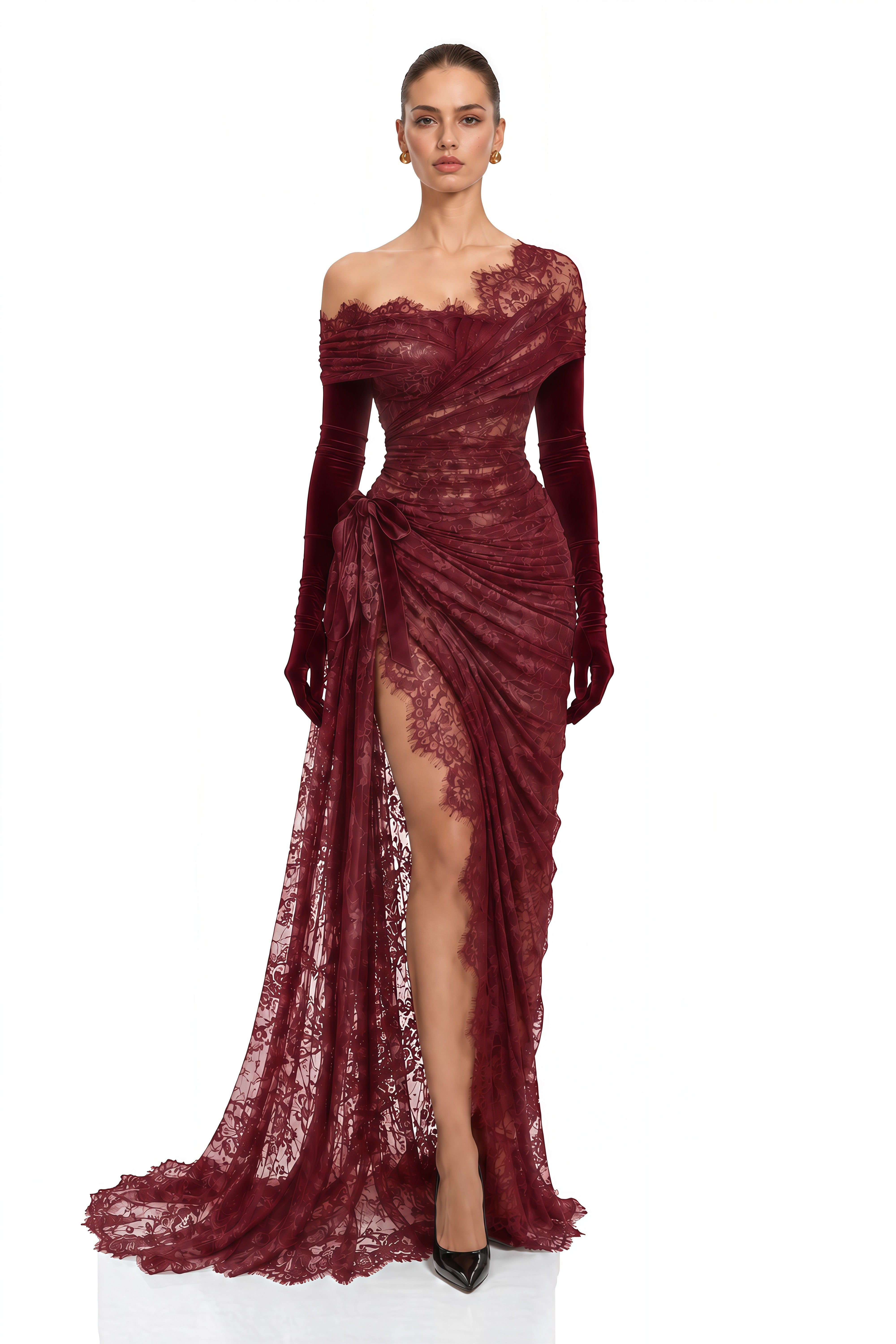 Dolores Burgundy Lace Draped One Shoulder Maxi Dress