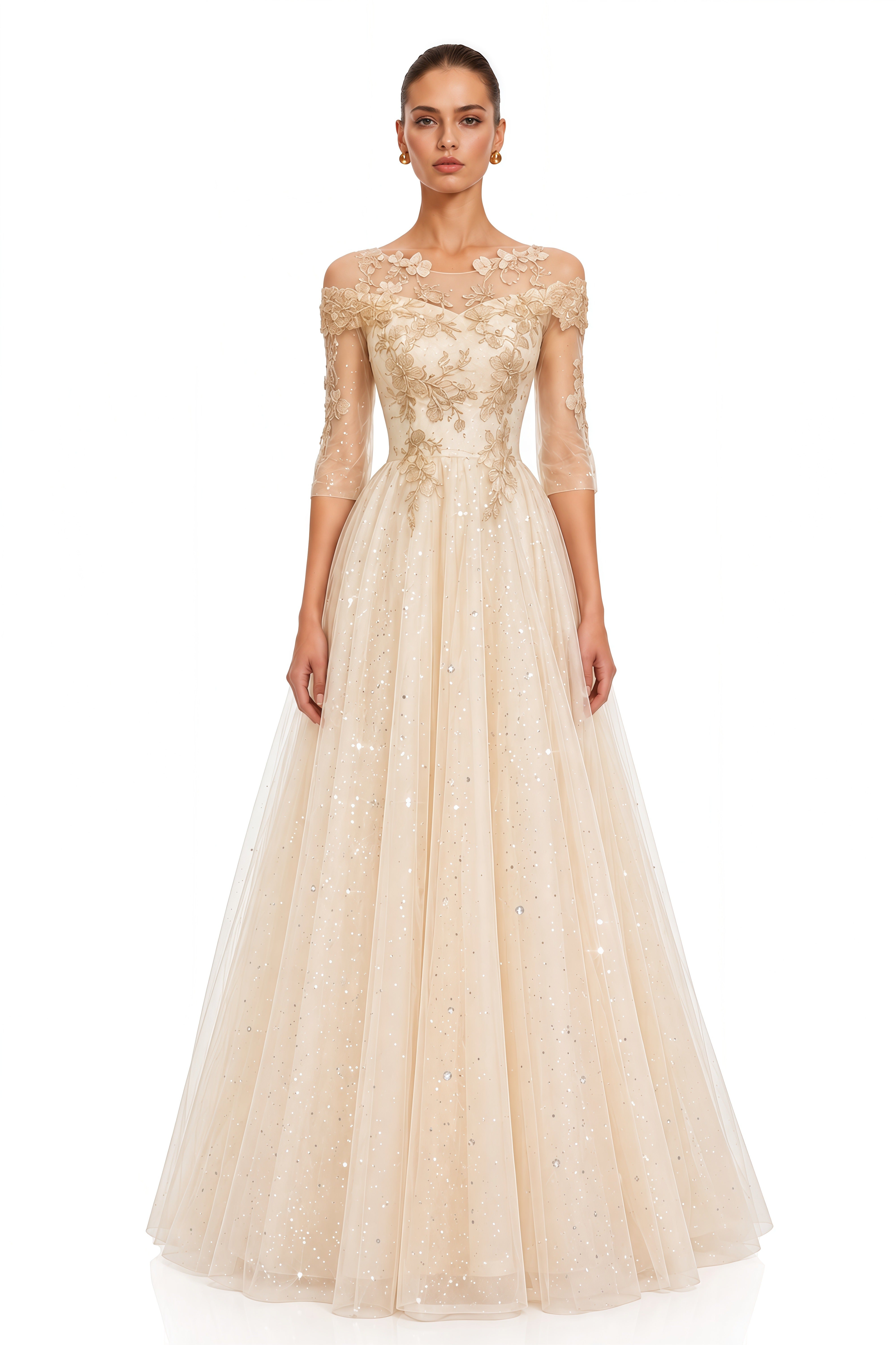 Eirlys Champagne Off Shoulder 3D Floral Tulle Maxi Dress