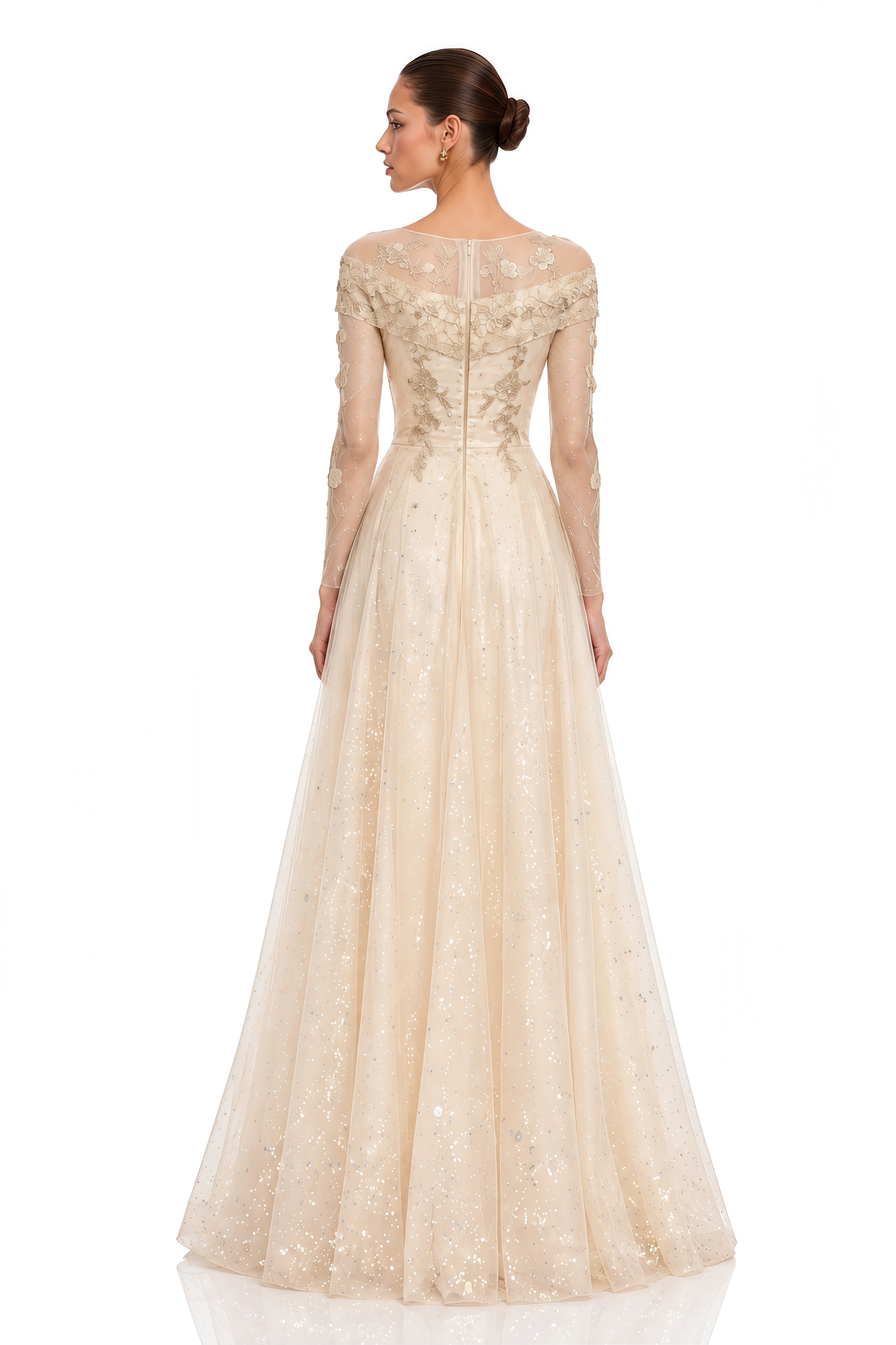 Eirlys Champagne Off Shoulder 3D Floral Tulle Maxi Dress