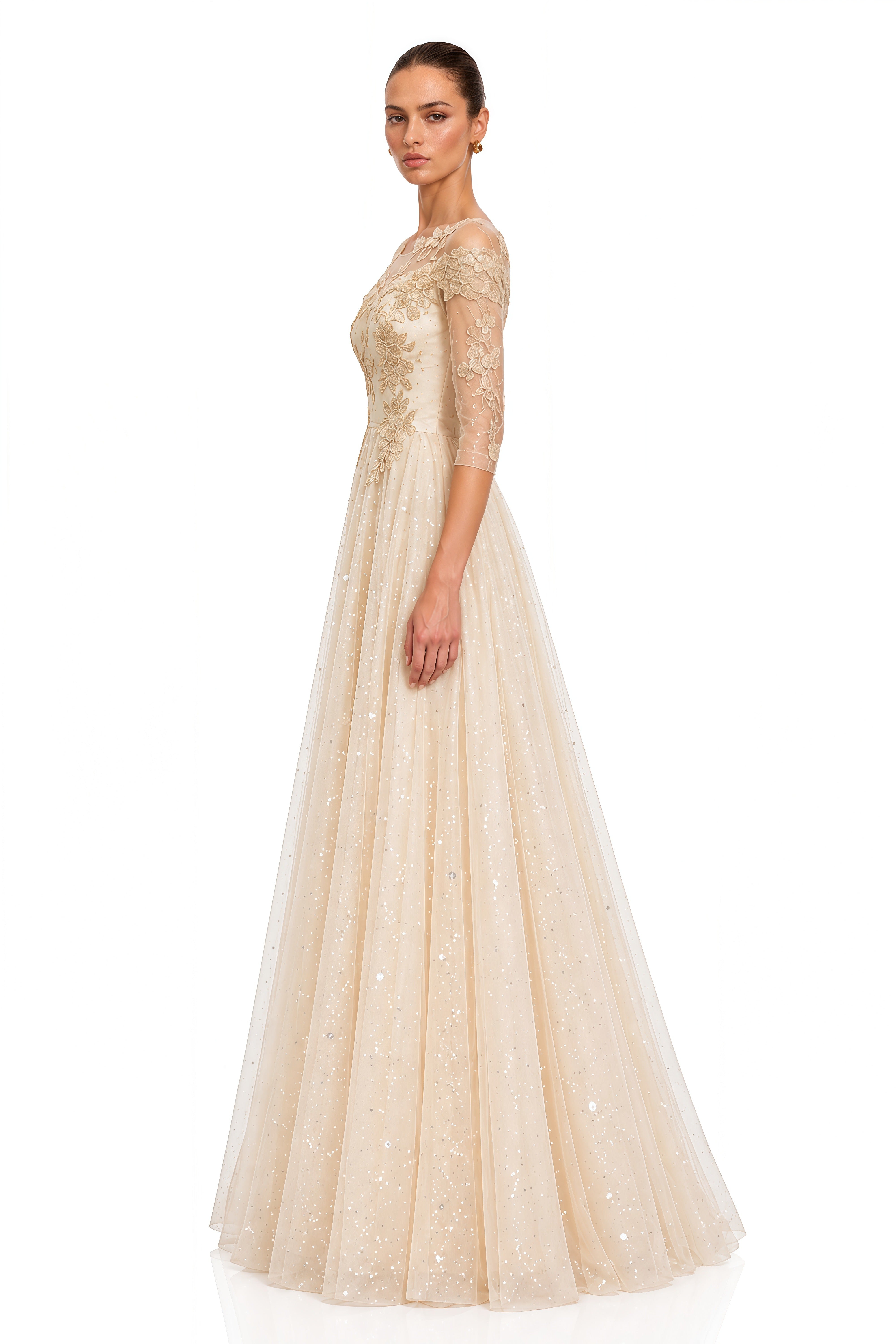 Eirlys Champagne Off Shoulder 3D Floral Tulle Maxi Dress