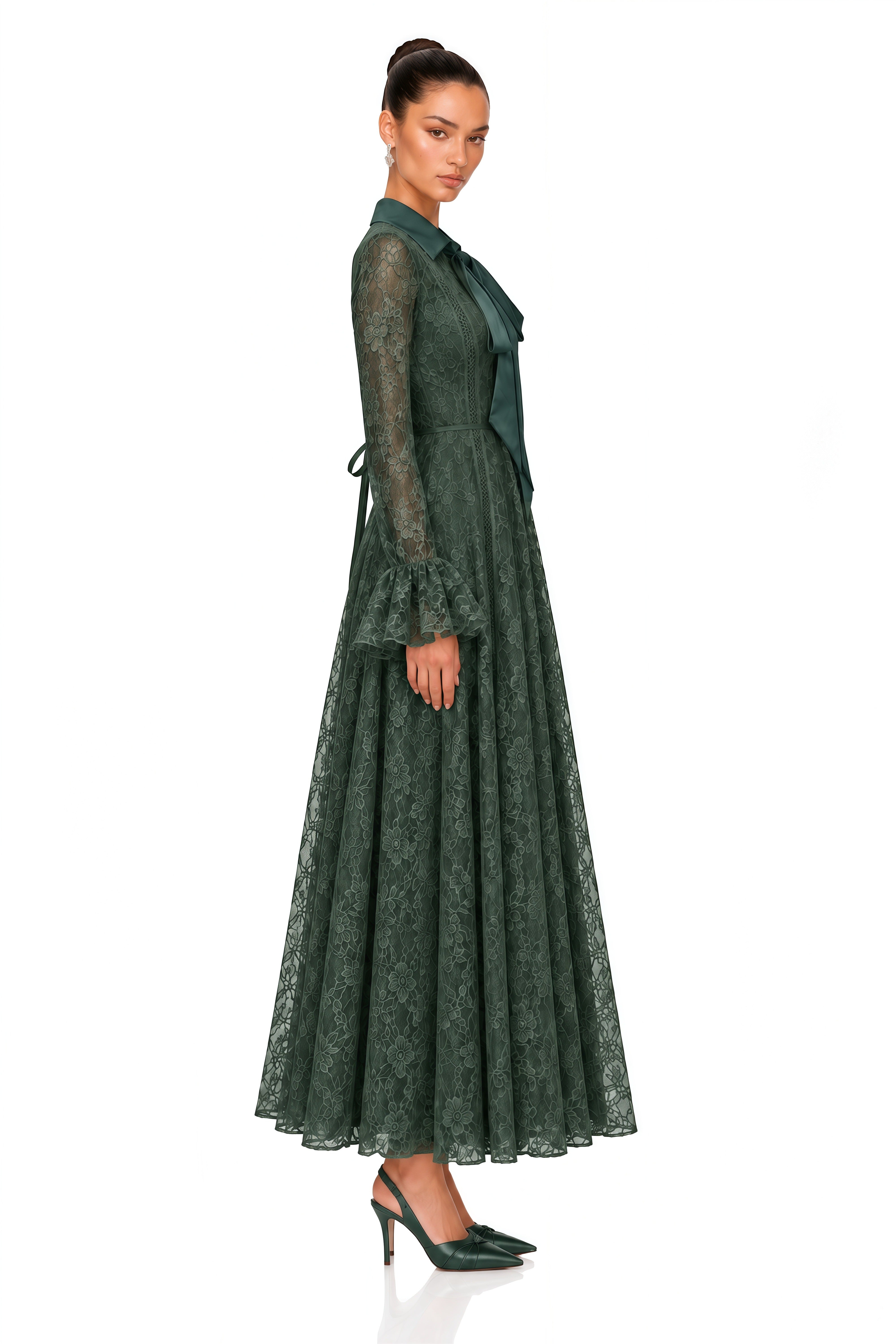 Erin Green Floral Lace Tie Neck Maxi Dress