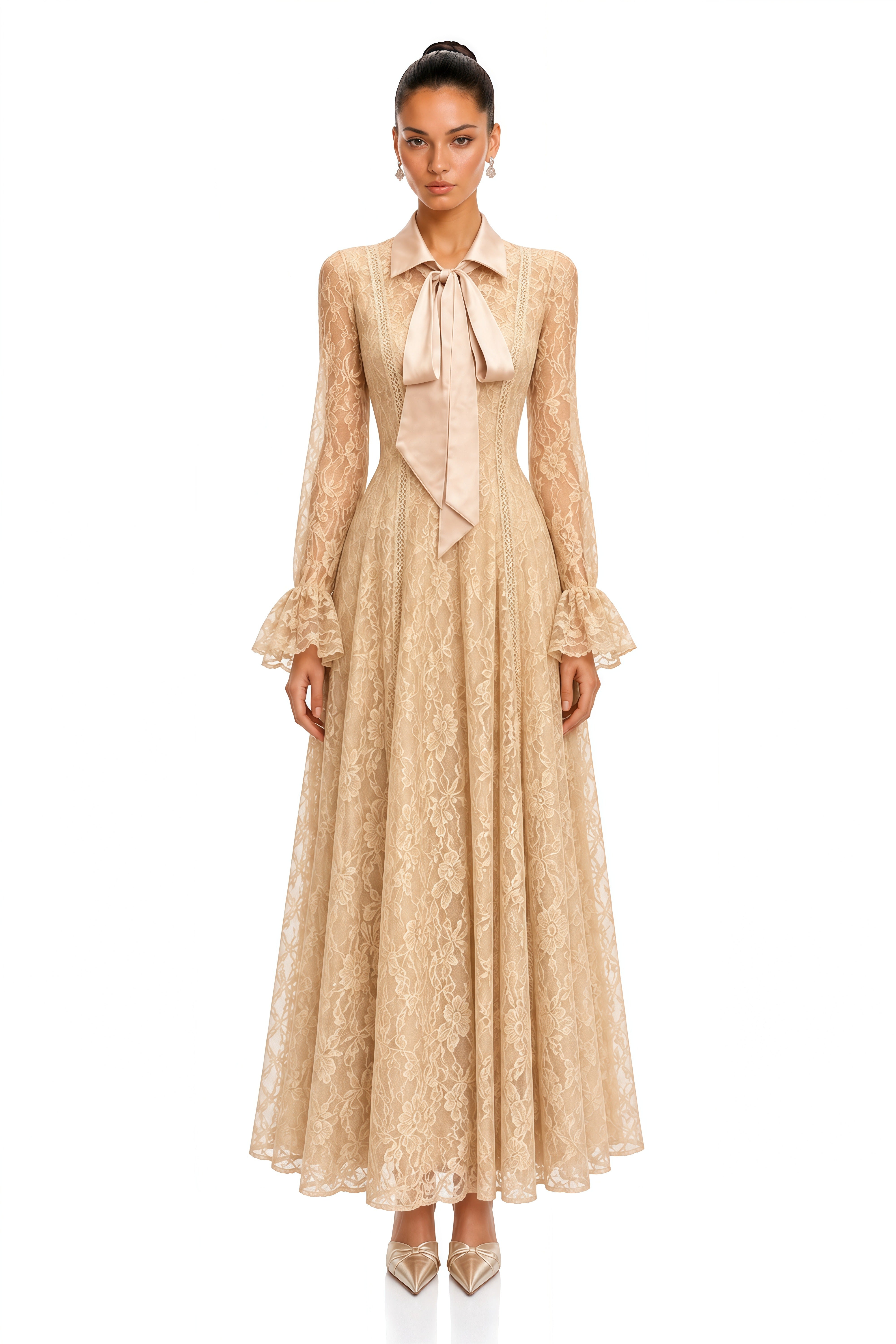 Erin Neutral Floral Lace Tie Neck Maxi Dress