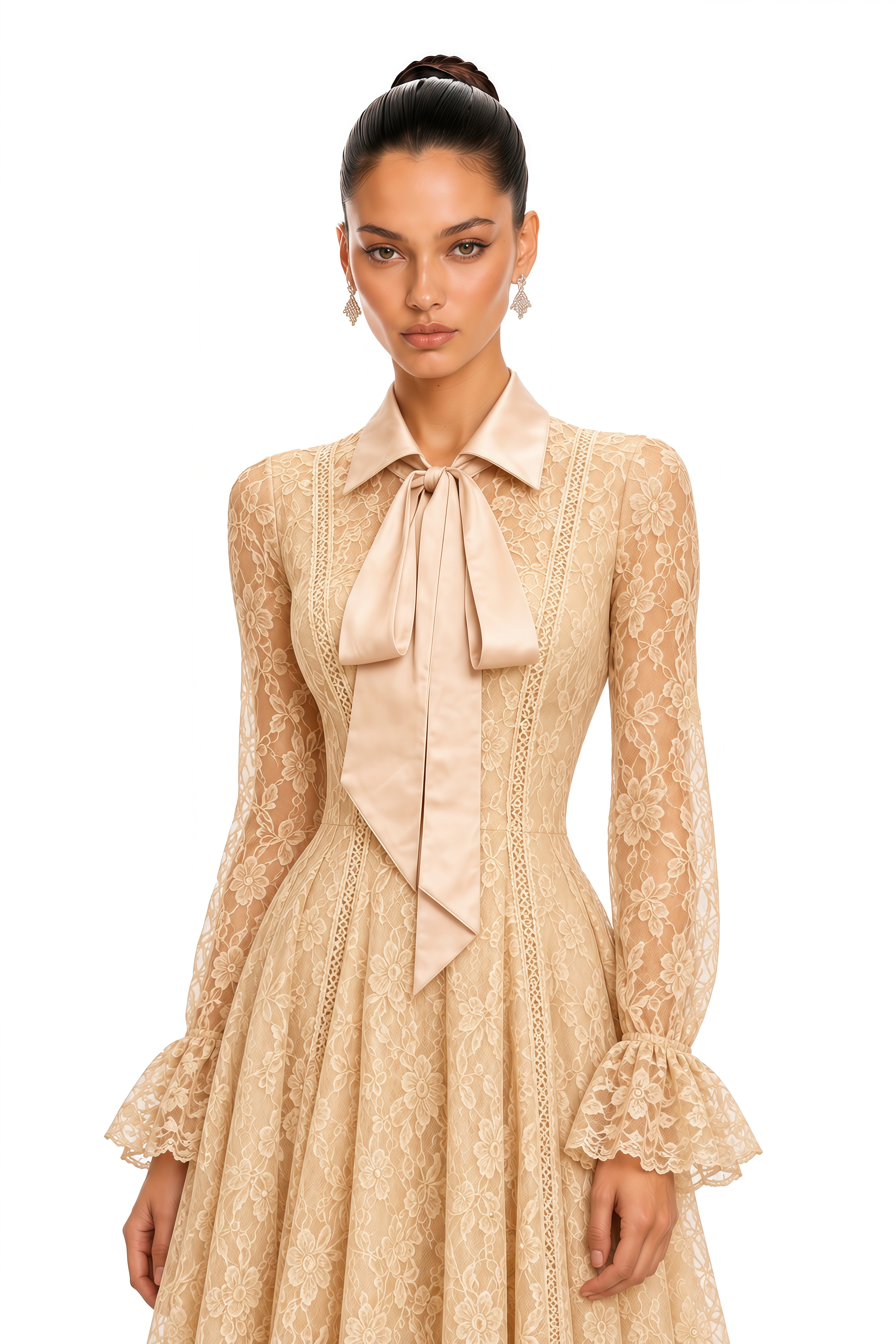 Erin Neutral Floral Lace Tie Neck Maxi Dress