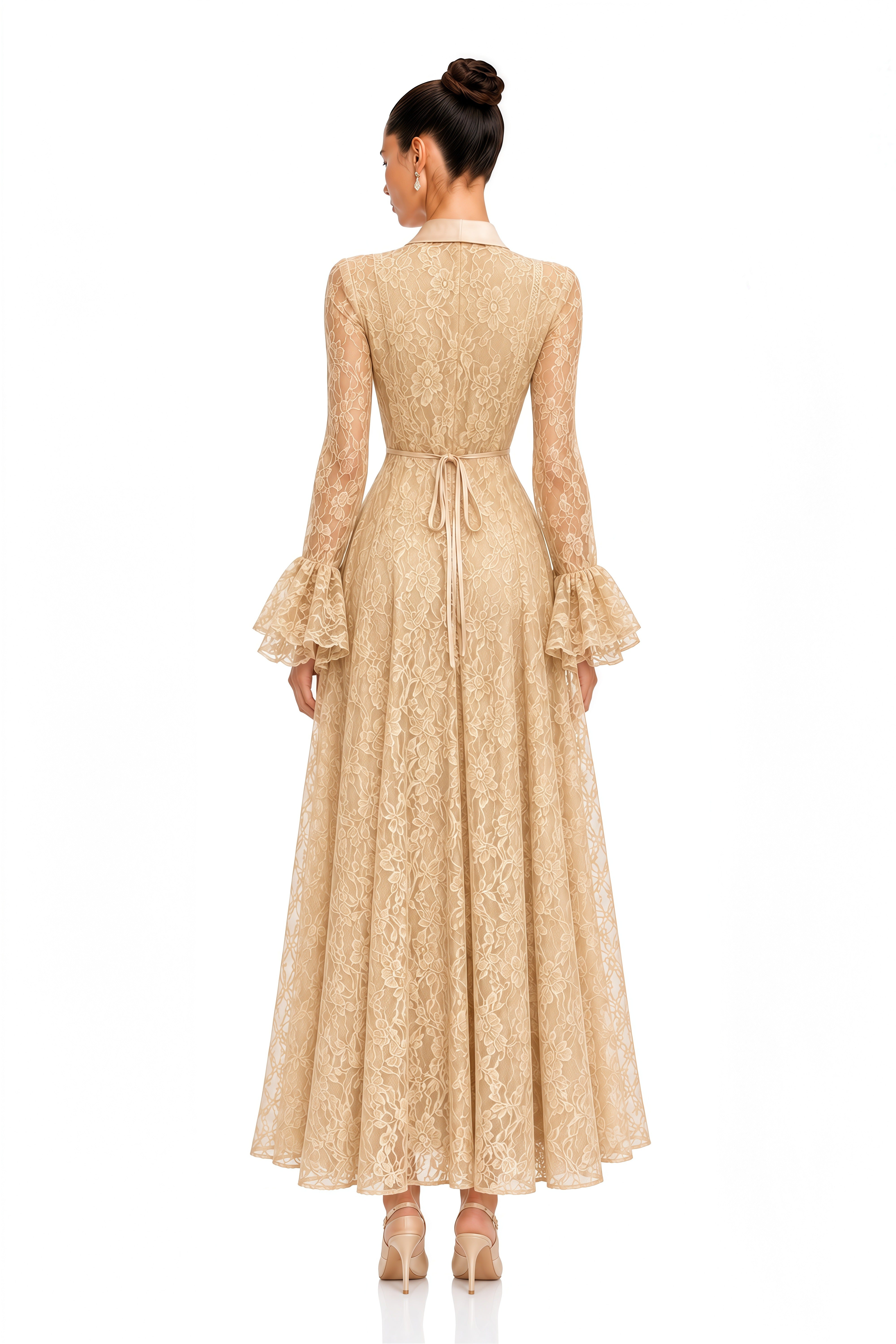 Erin Neutral Floral Lace Tie Neck Maxi Dress