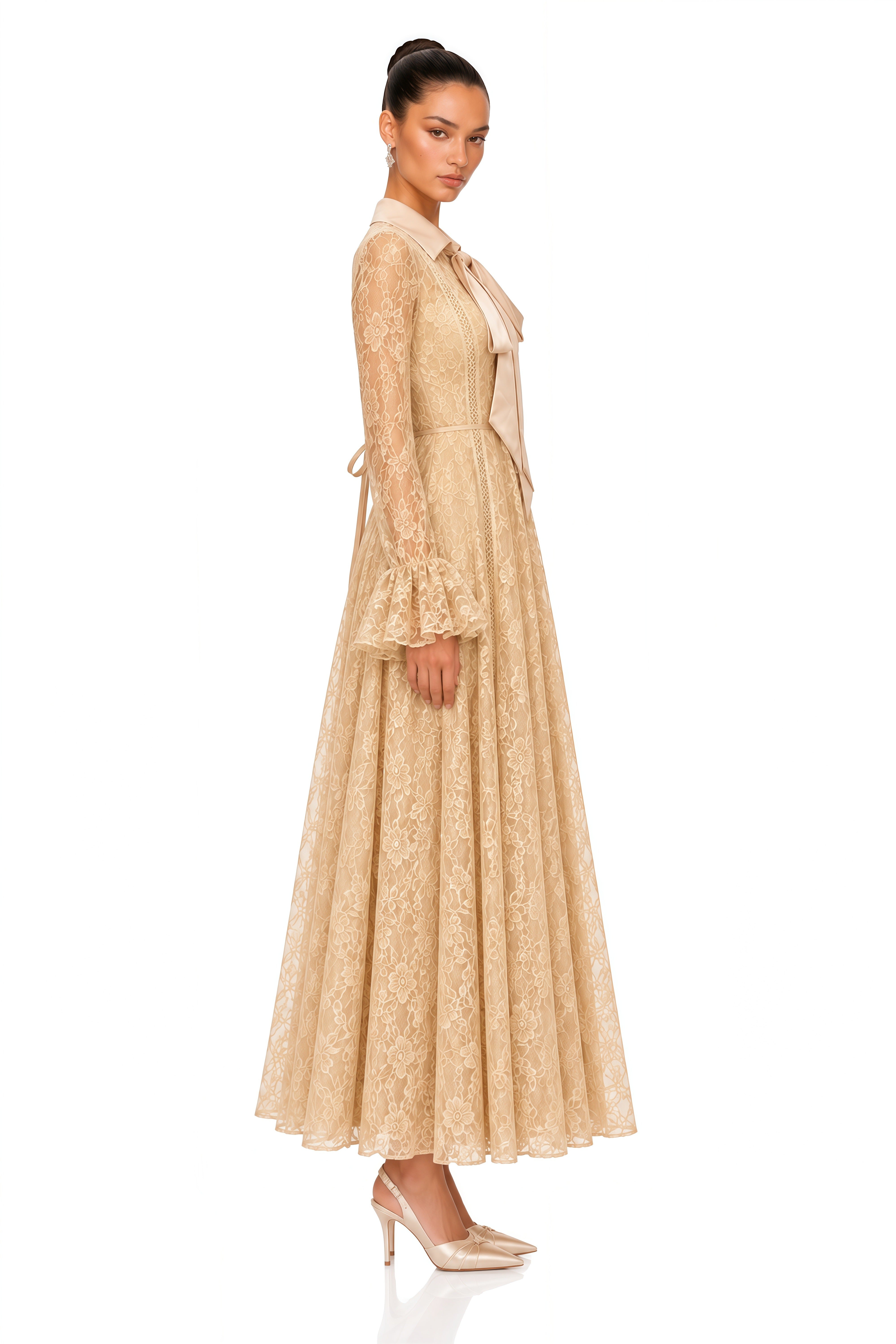 Erin Neutral Floral Lace Tie Neck Maxi Dress