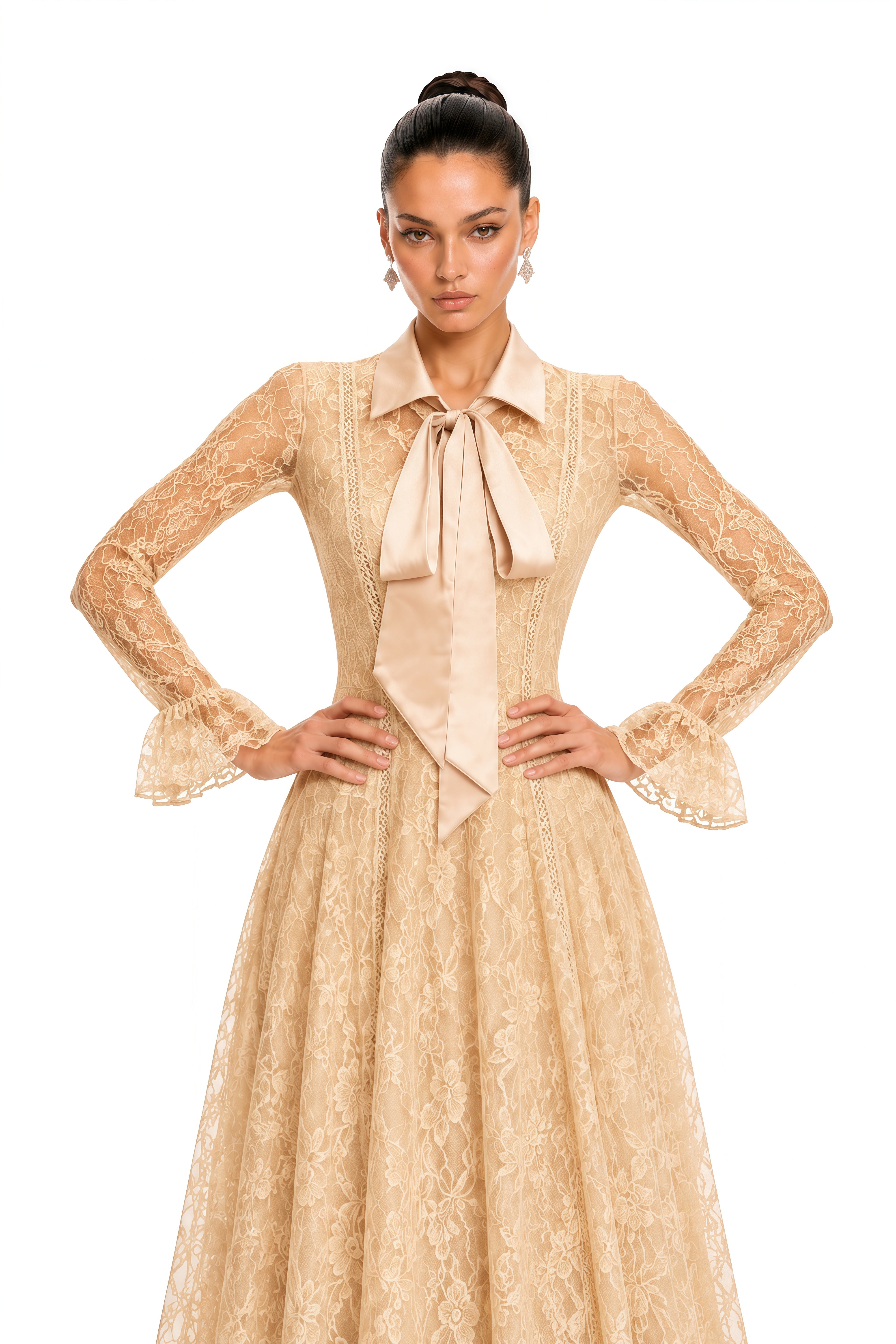 Erin Neutral Floral Lace Tie Neck Maxi Dress