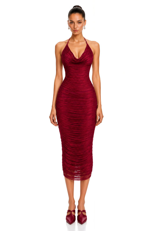 Etta Burgundy Cowl Neck Fringe Midi Dress