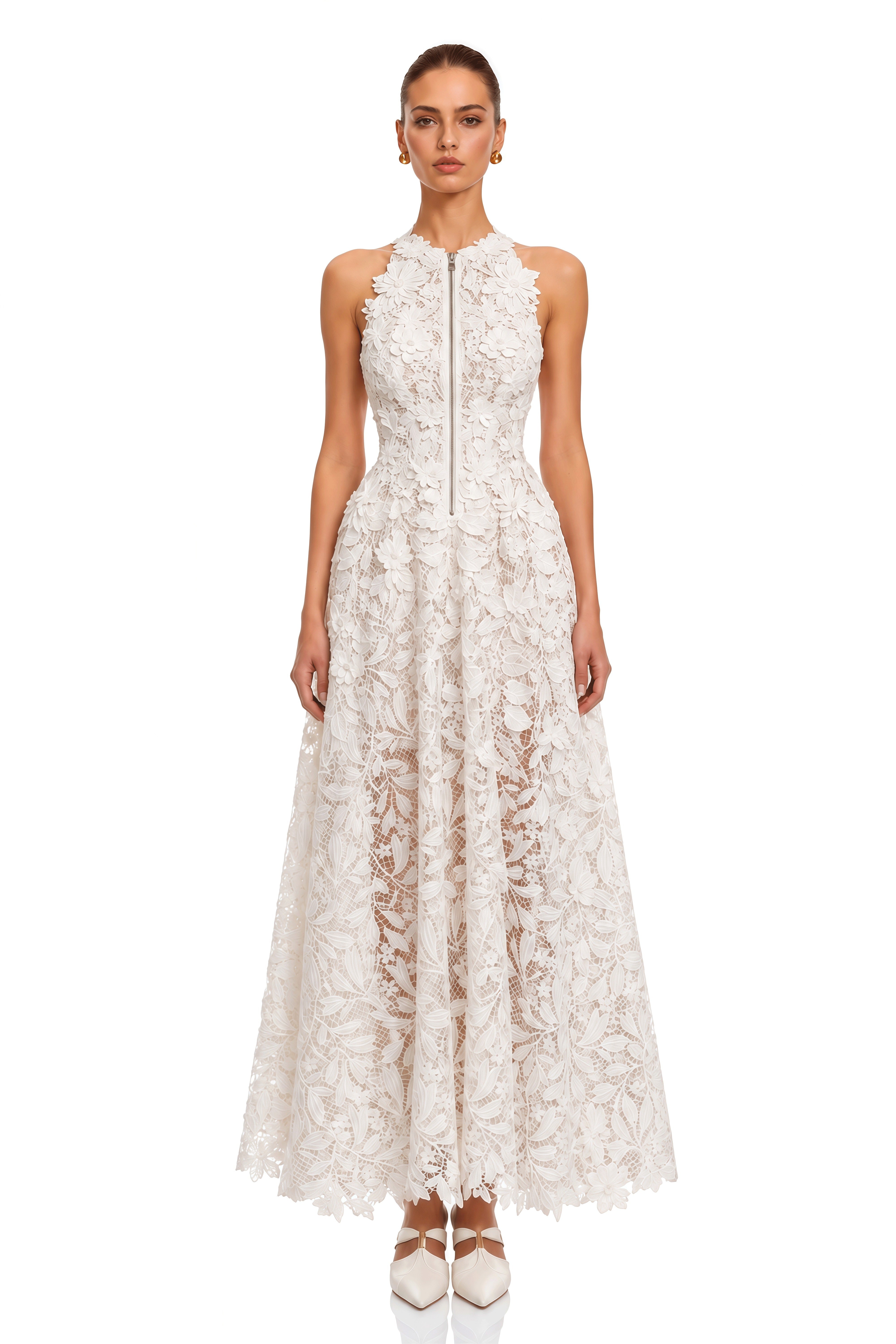 Ezra White 3D Floral Lace Maxi Dress