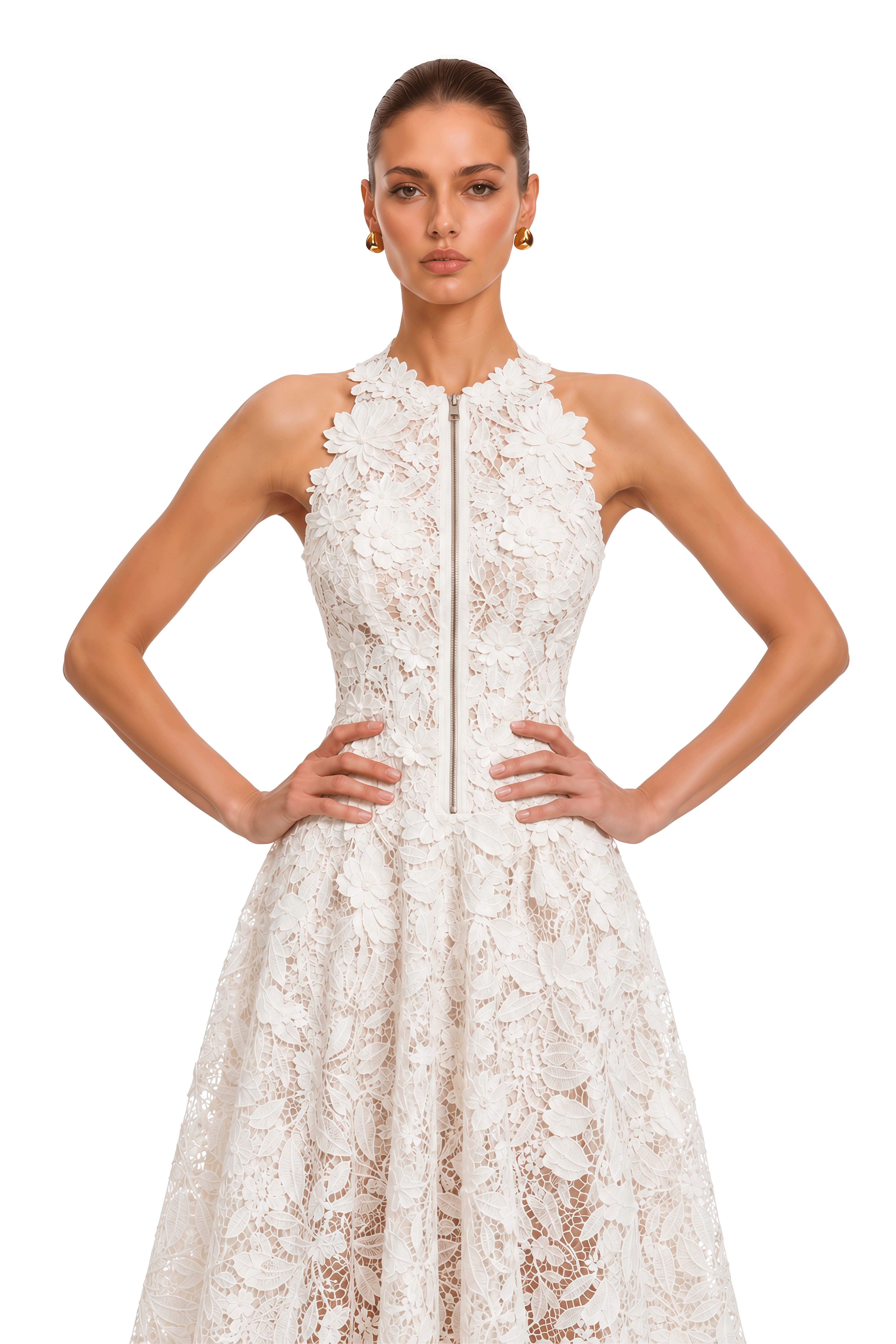 Ezra White 3D Floral Lace Maxi Dress