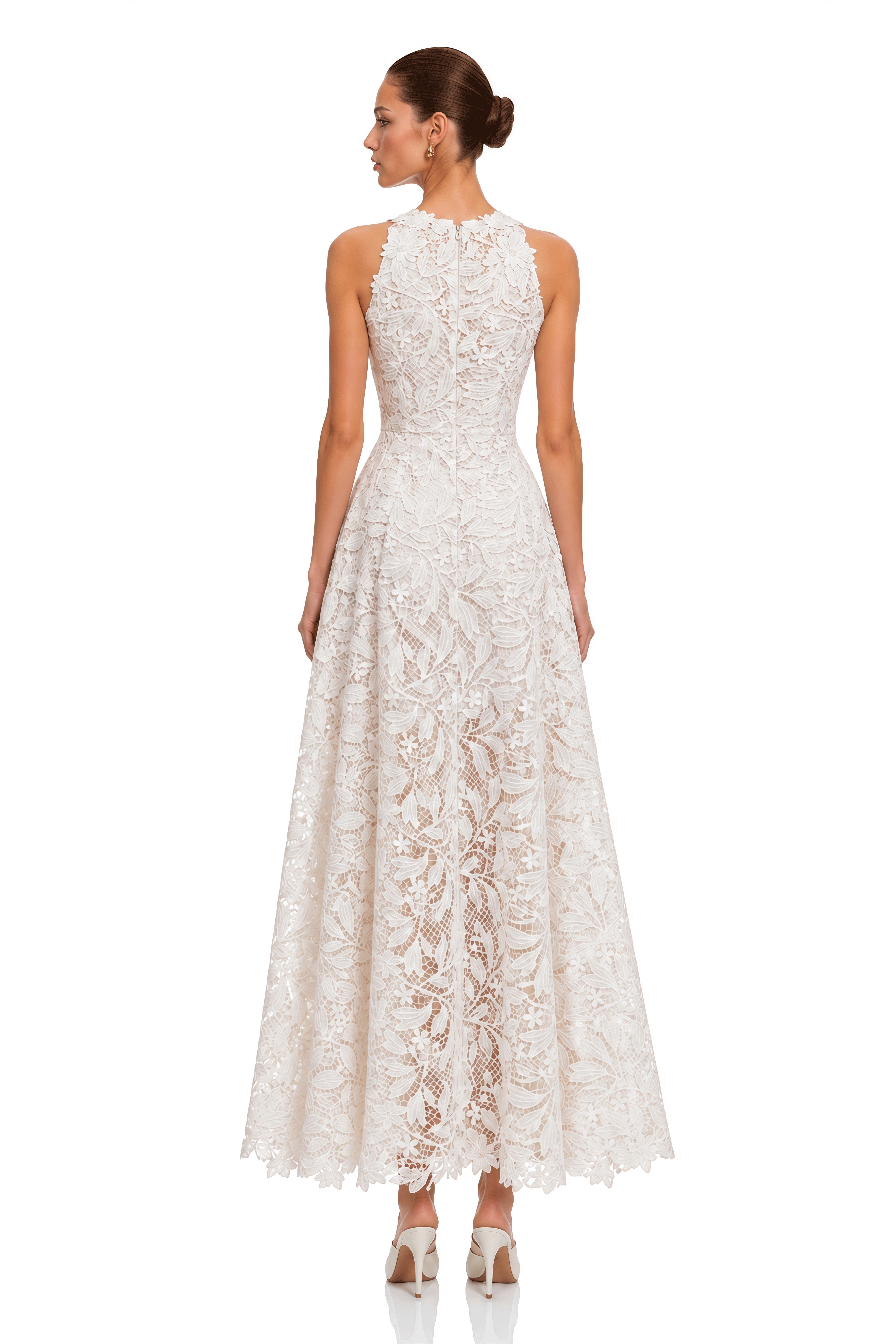 Ezra White 3D Floral Lace Maxi Dress
