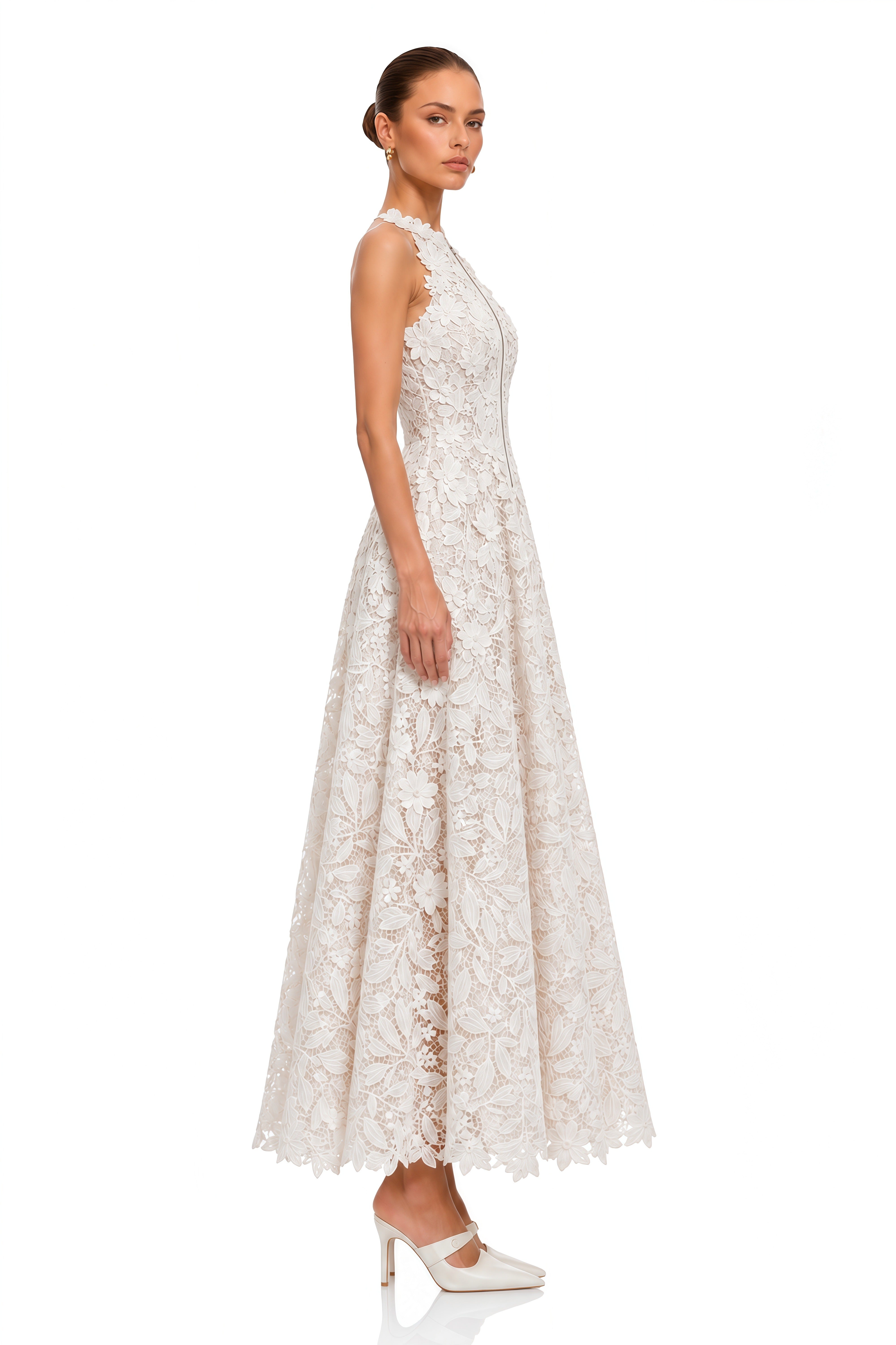 Ezra White 3D Floral Lace Maxi Dress