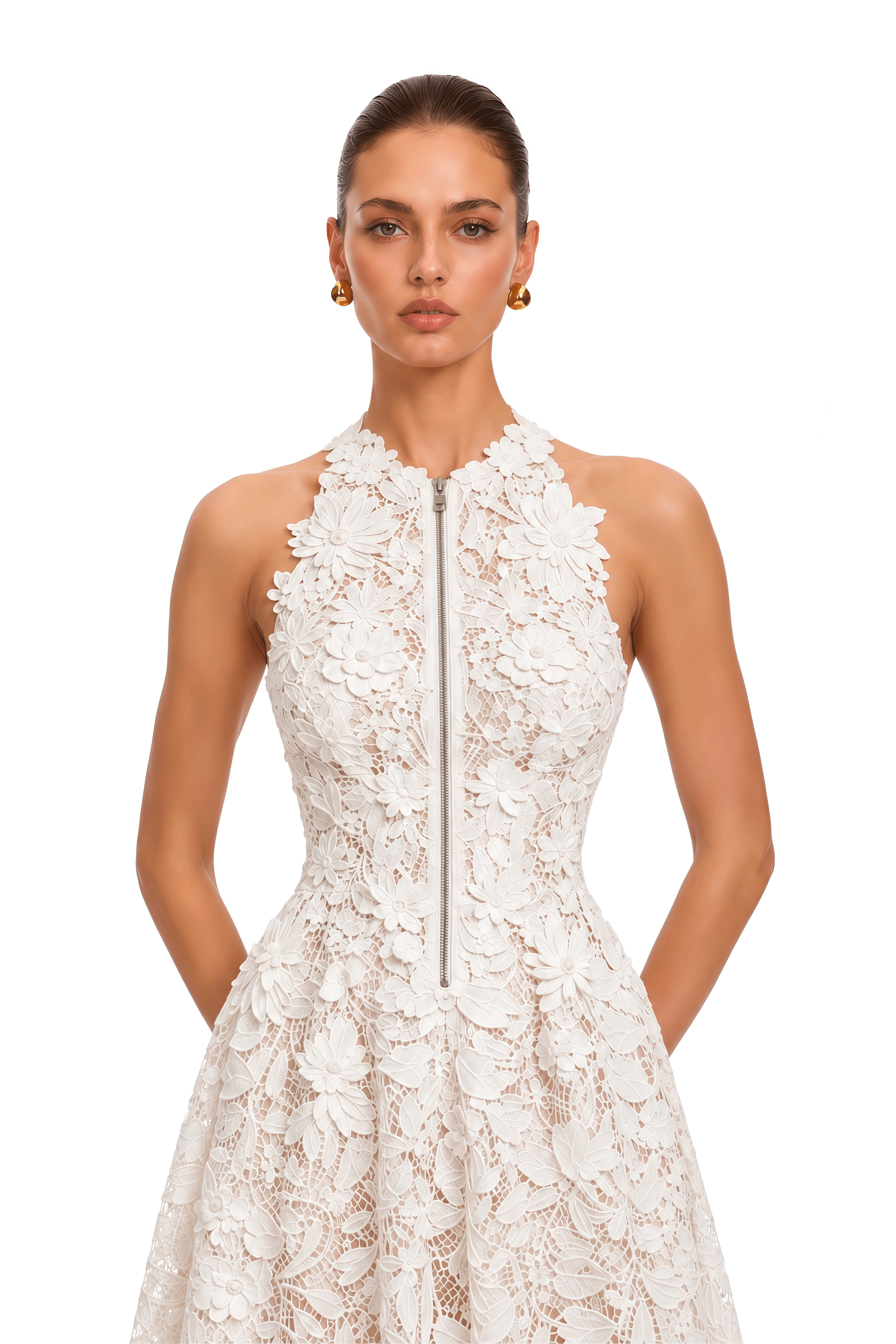 Ezra White 3D Floral Lace Maxi Dress