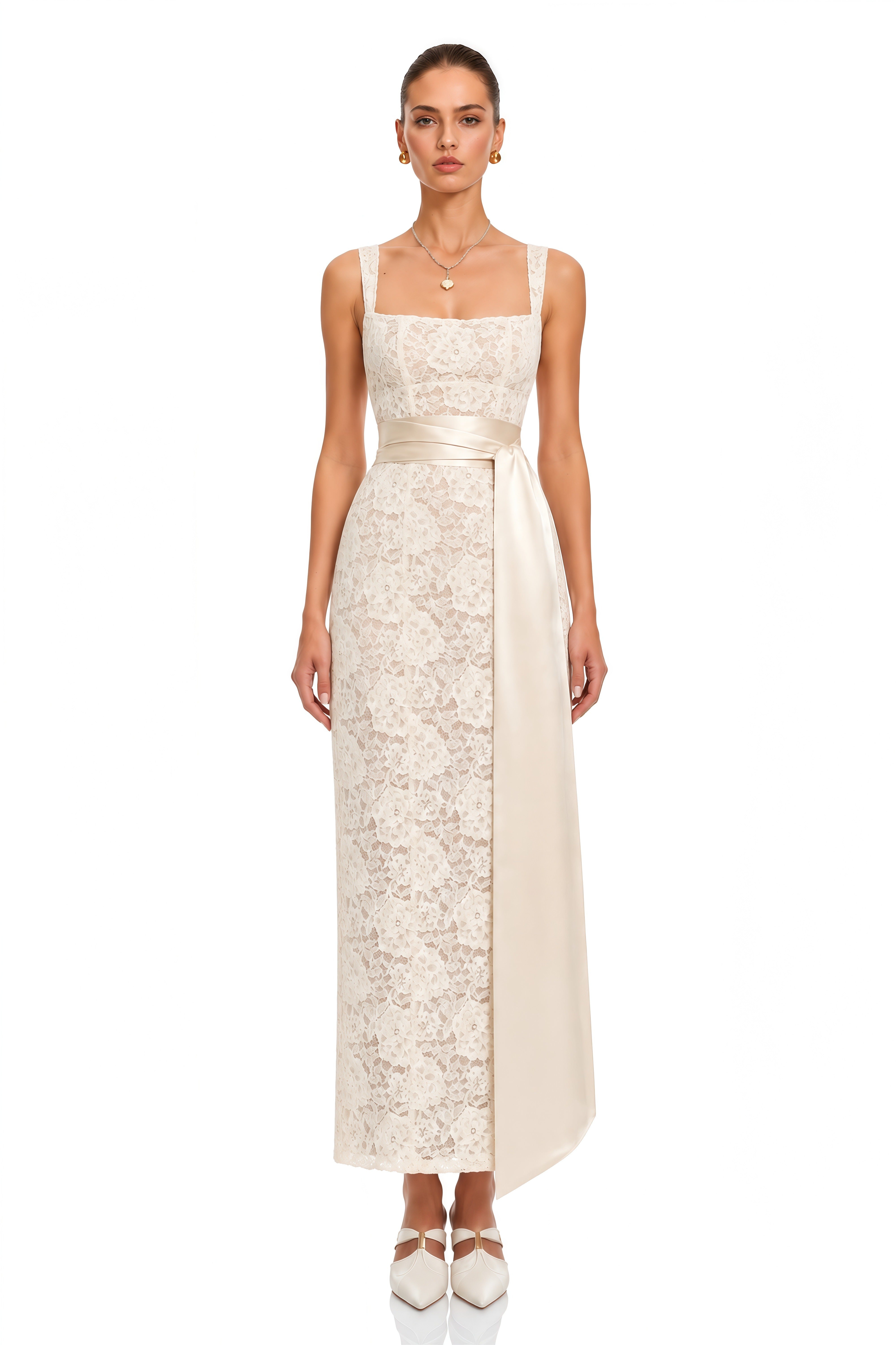 Fatiha White Floral Lace Maxi Dress with Satin Sash
