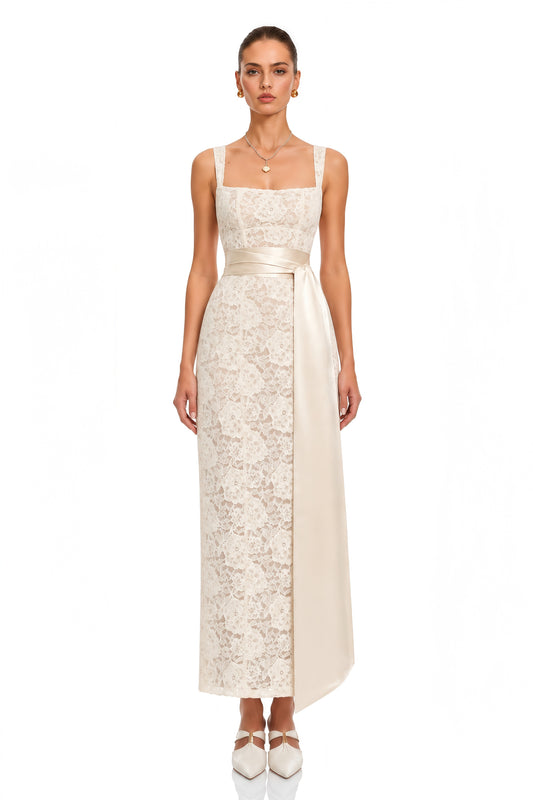 Fatiha White Floral Lace Maxi Dress with Satin Sash
