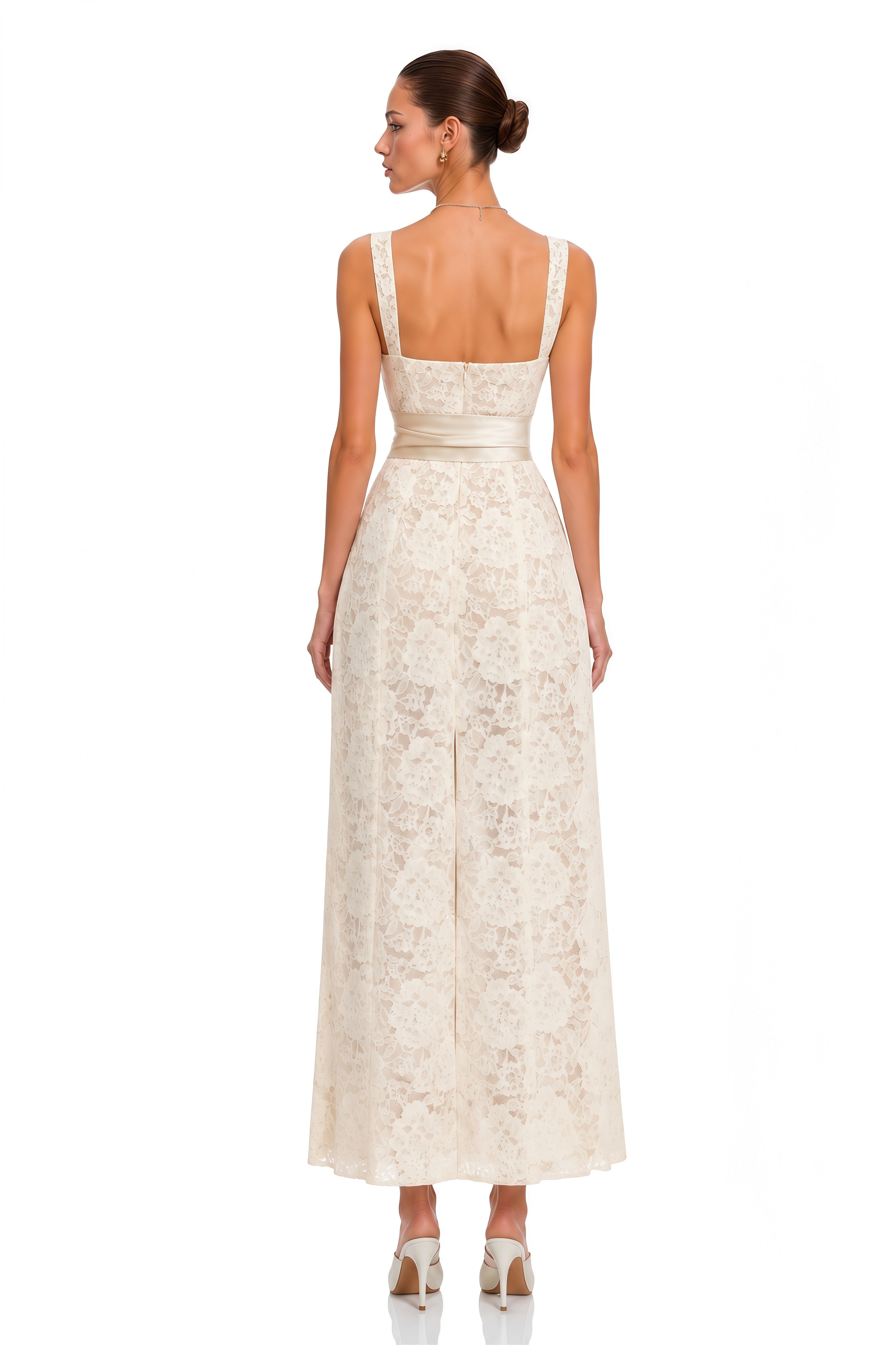 Fatiha White Floral Lace Maxi Dress with Satin Sash