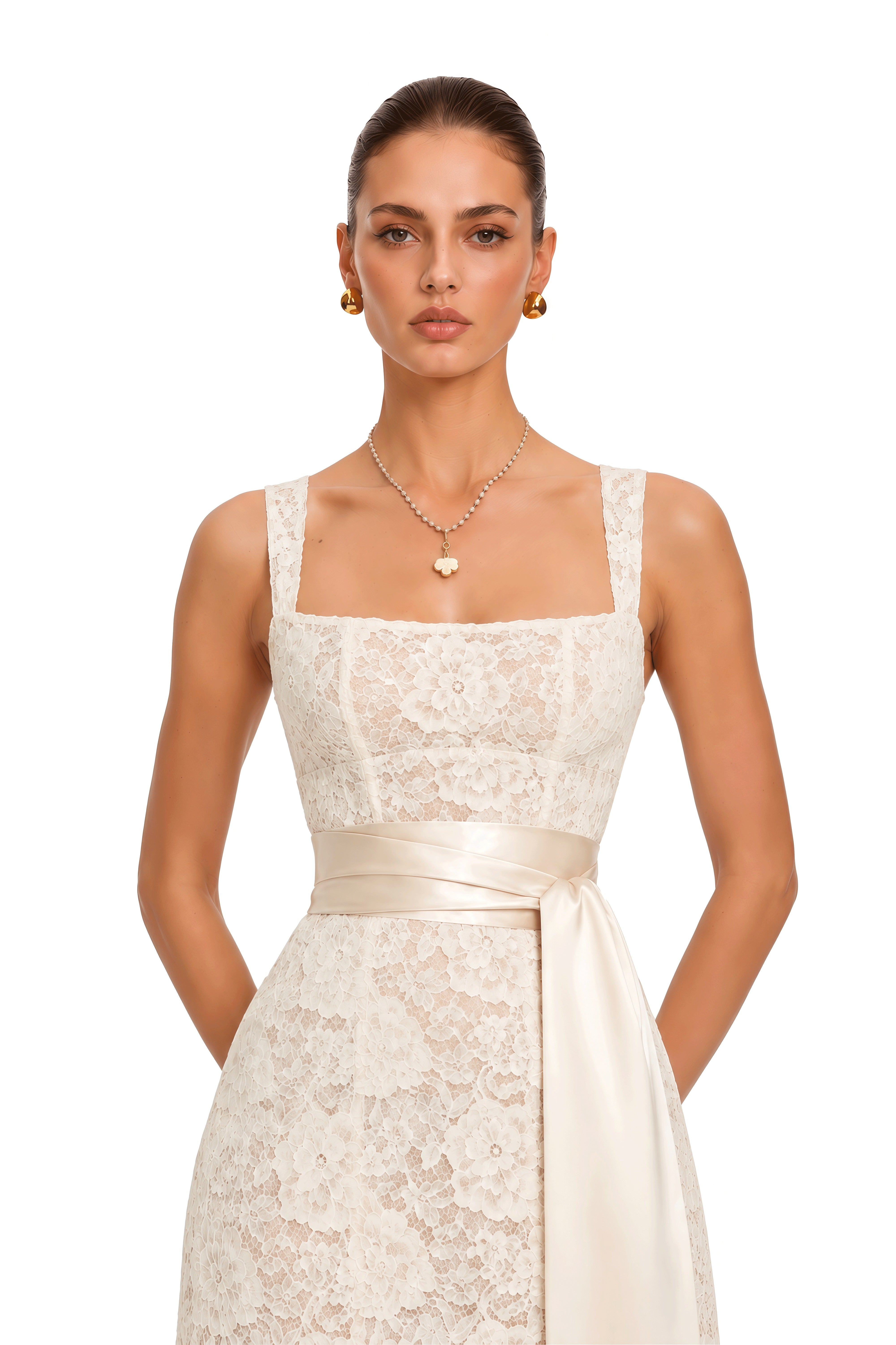 Fatiha White Floral Lace Maxi Dress with Satin Sash