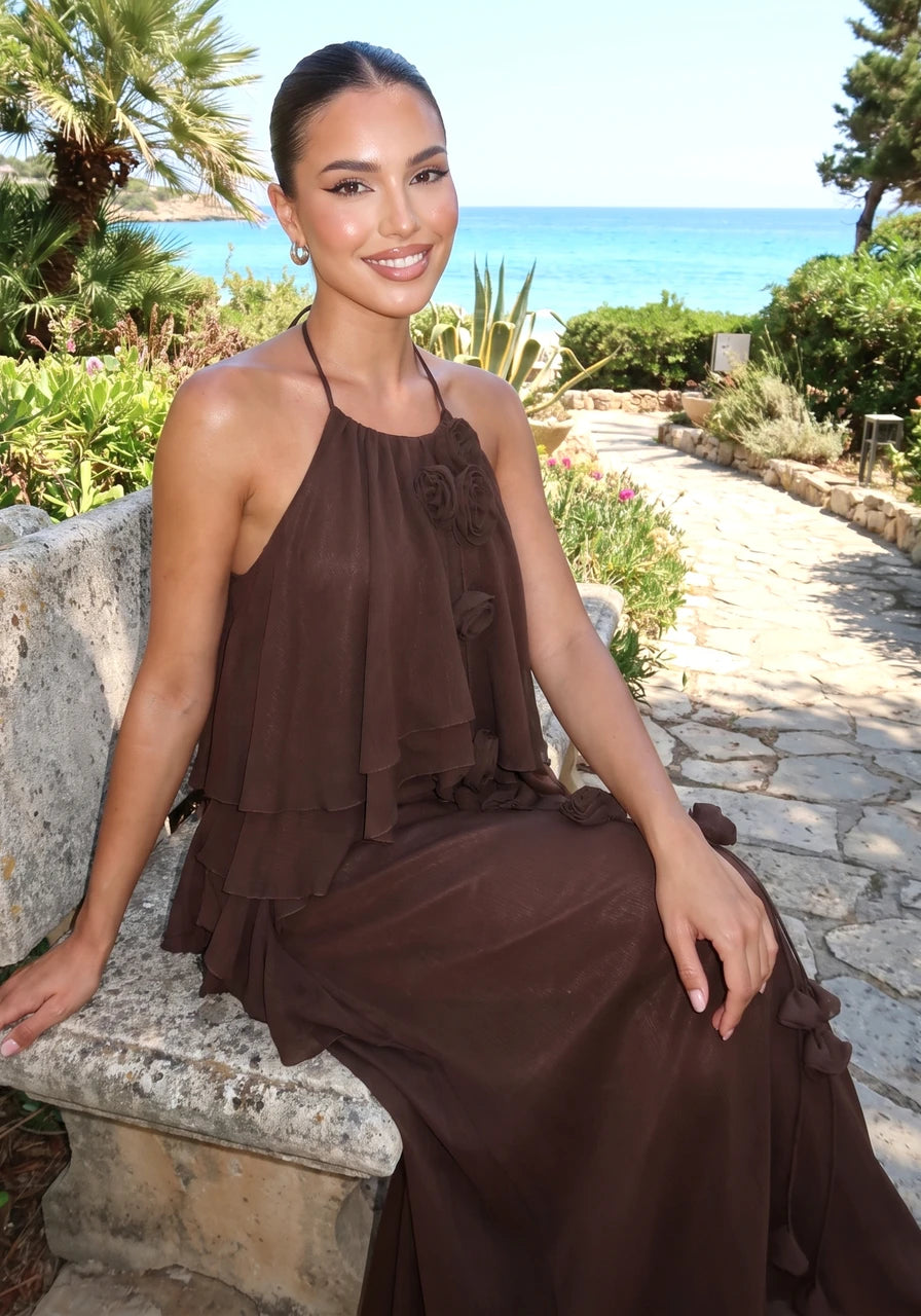 Halter Floral A Line Maxi Dress Brown