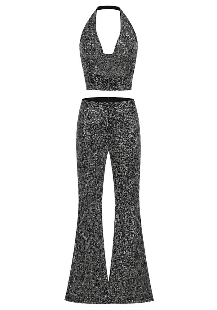 Halter Sparkly Two Piece Jumpsuit Silver