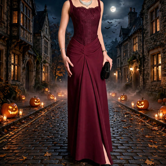 Burgundy Lace Patchwork Maxi Dress