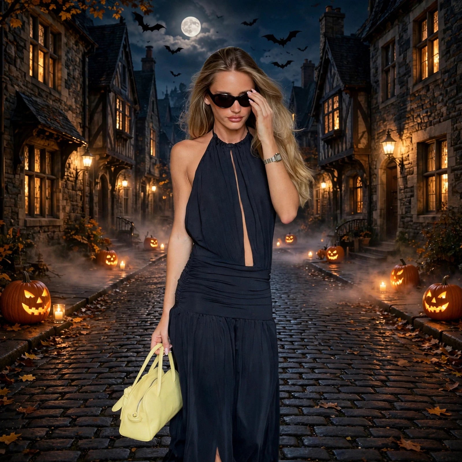 Halter Pleated Slit Dress