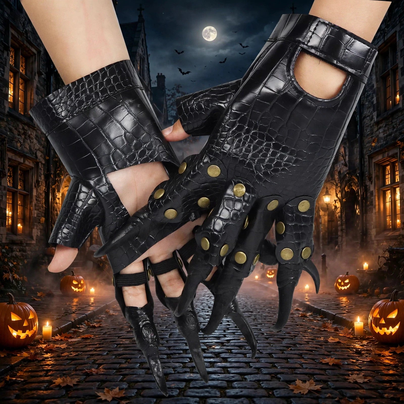 Halloween Gothic Crocodile Pattern Fingerless Claw Gloves with Rivet Accents