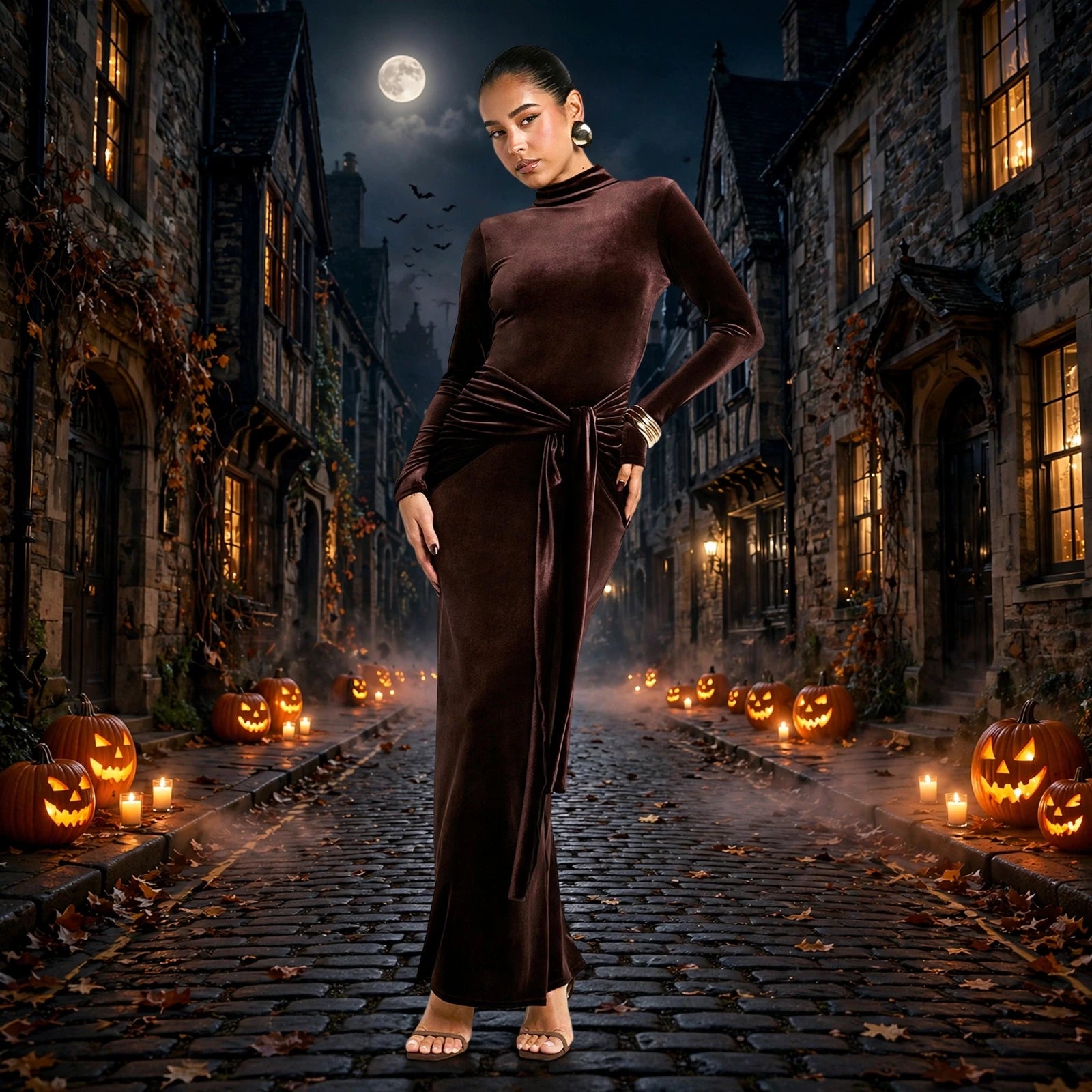 Lace Pleated Long Sleeve Maxi Dress