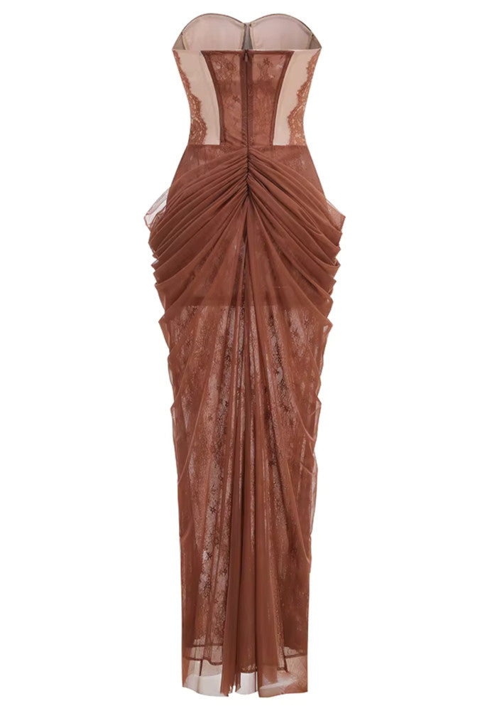 Strapless Draped Lace Maxi Dress Brown