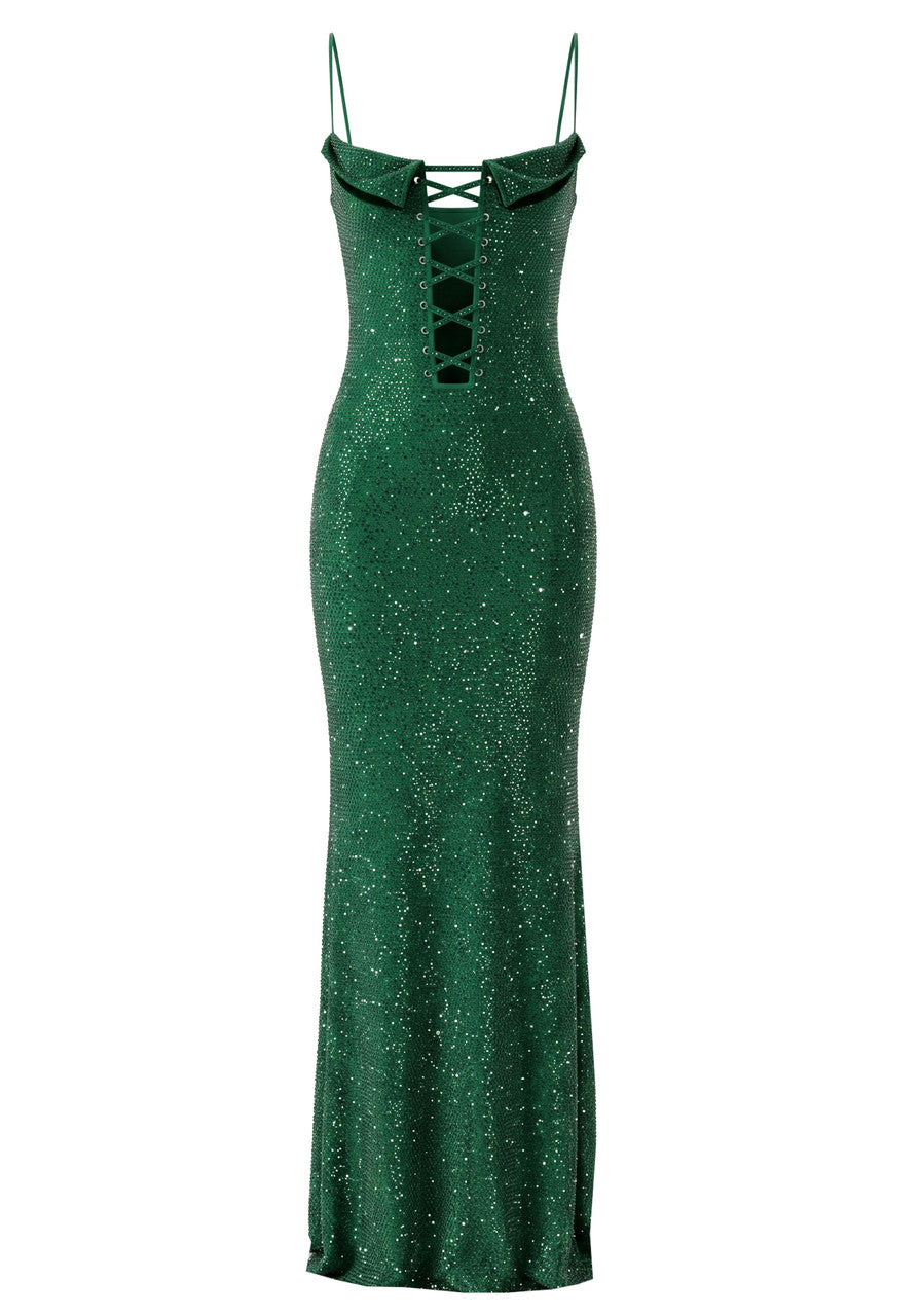 Lace Up Embellished Maxi Dress Green