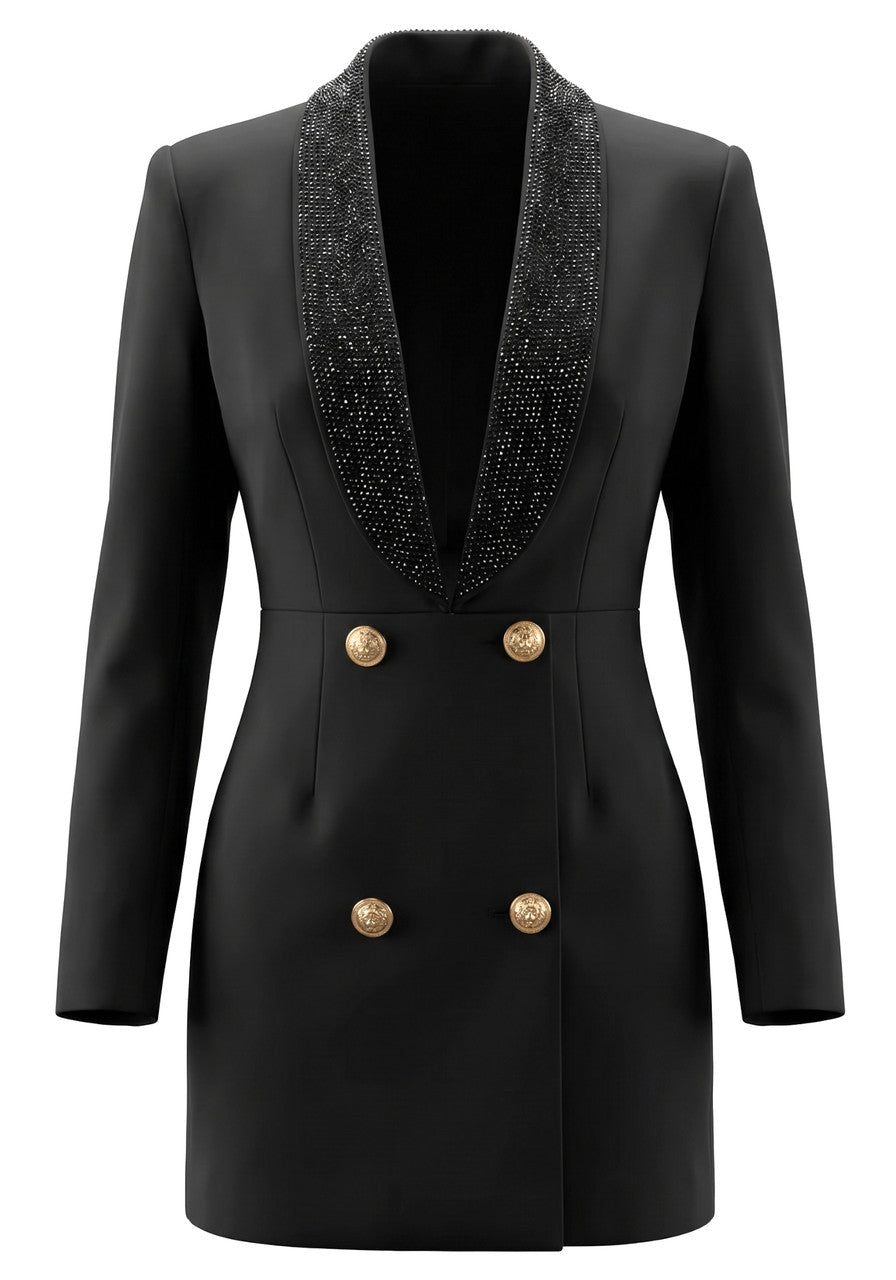 Long Sleeve Embellished Lapel Blazer Dress Black