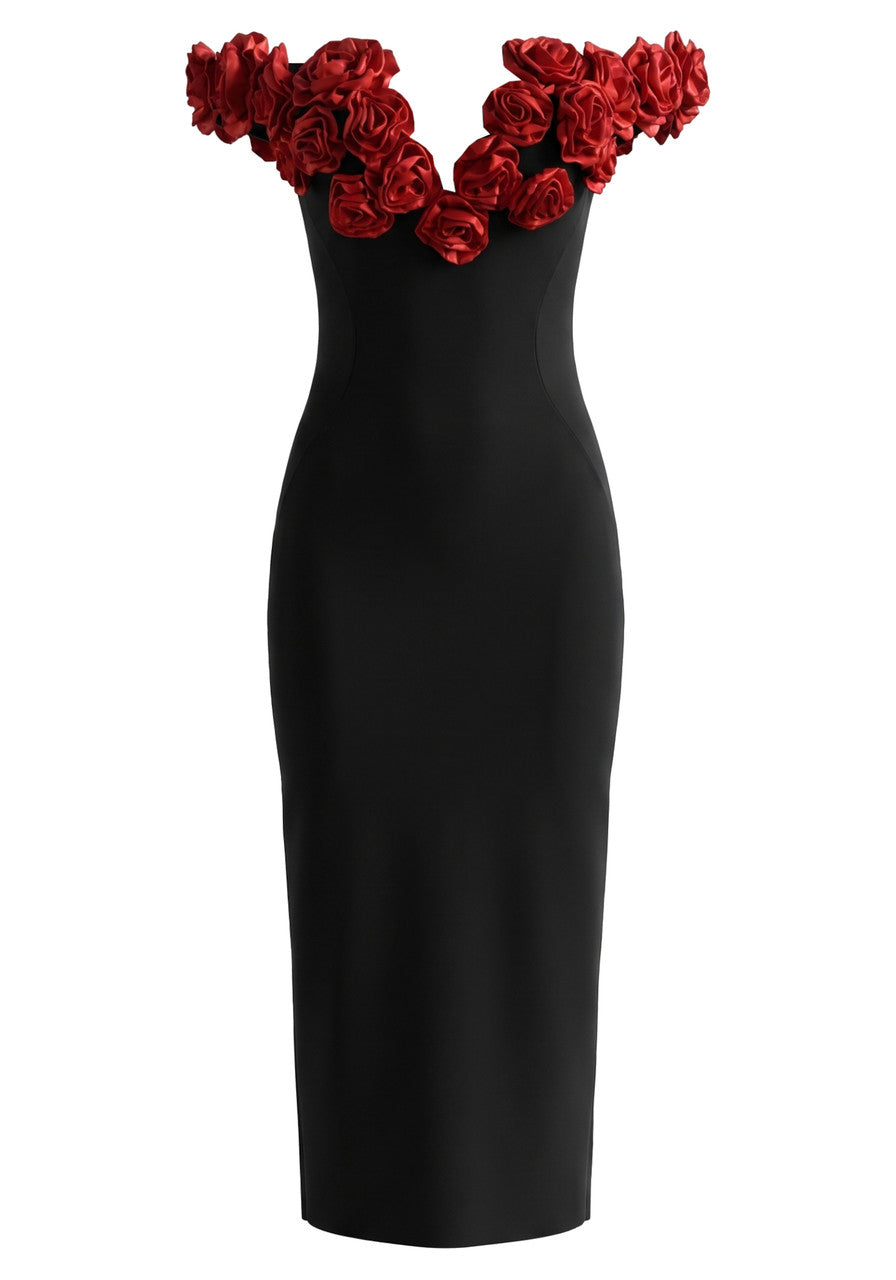 Floral Bardot Midi Dress Red Black