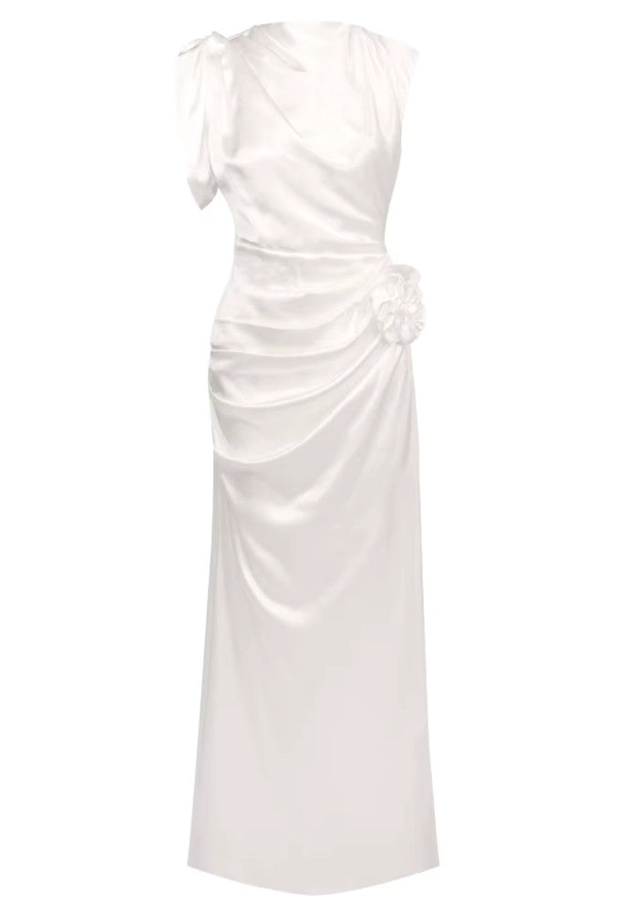 Floral Draped Silk Maxi Dress White