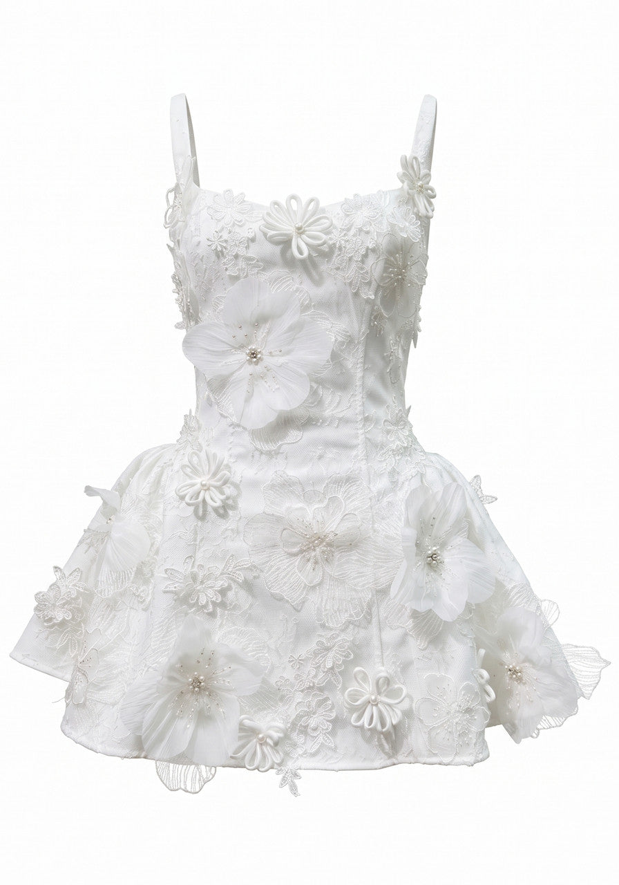 Floral Detail A Line Dress White