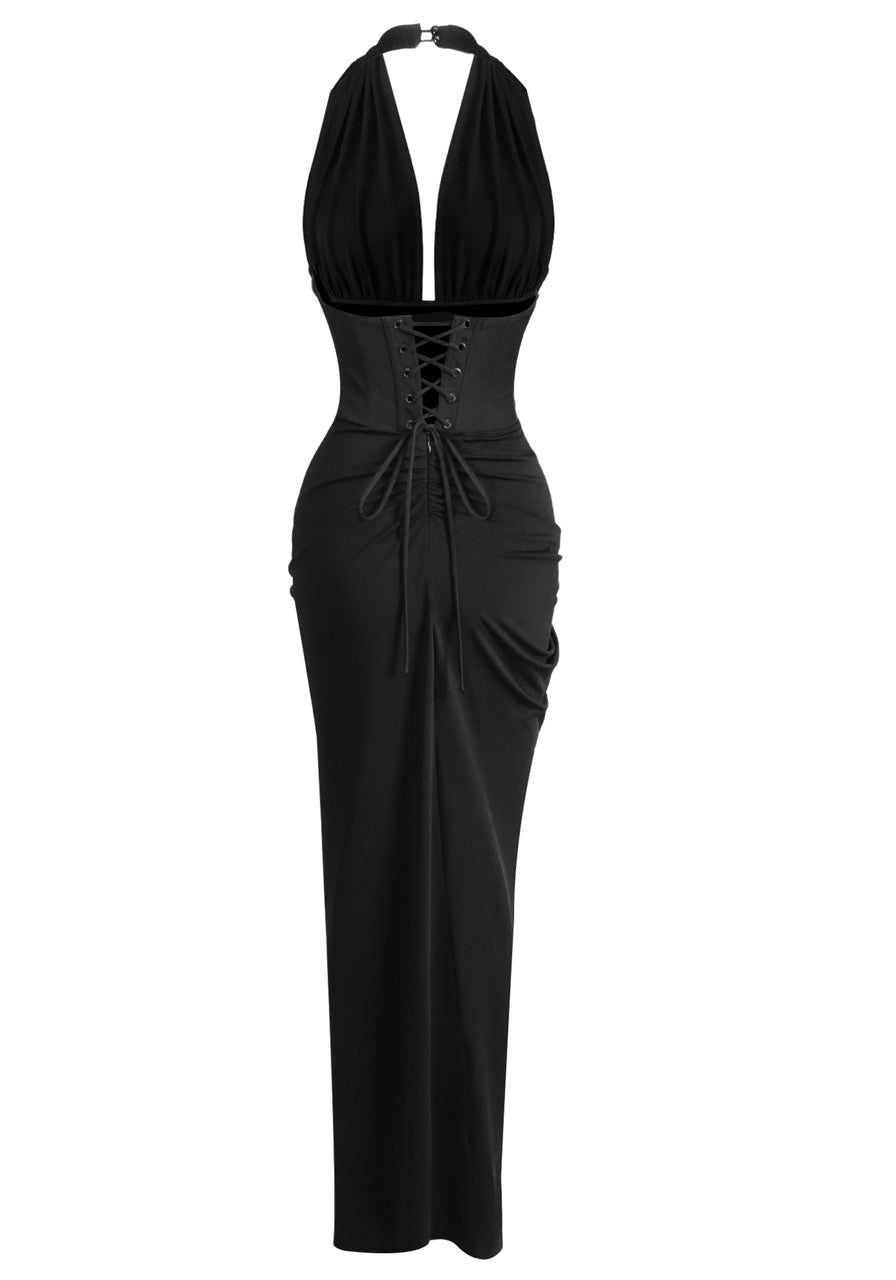 Halter Draped Corset Maxi Dress Black
