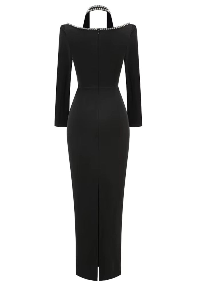 Halter Long Sleeve Crystal Bustier Maxi Dress Black
