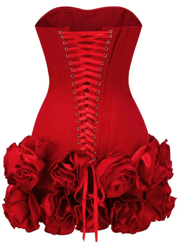 Strapless Corset Floral Ruffle Dress Red