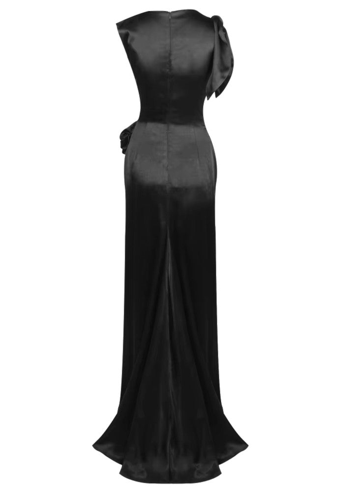 Floral Draped Silk Maxi Dress Black