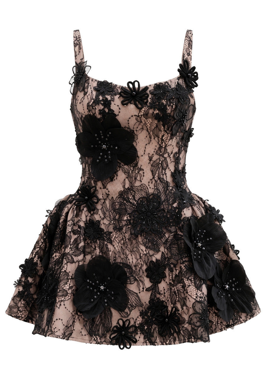 Floral Detail A Line Dress Black