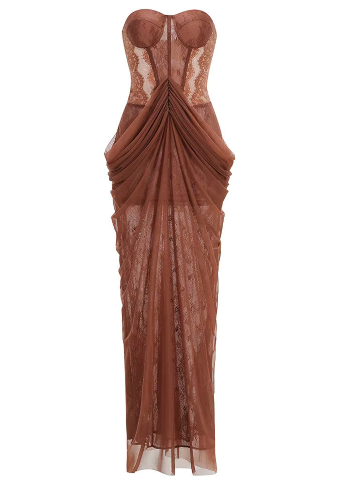 Strapless Draped Lace Maxi Dress Brown