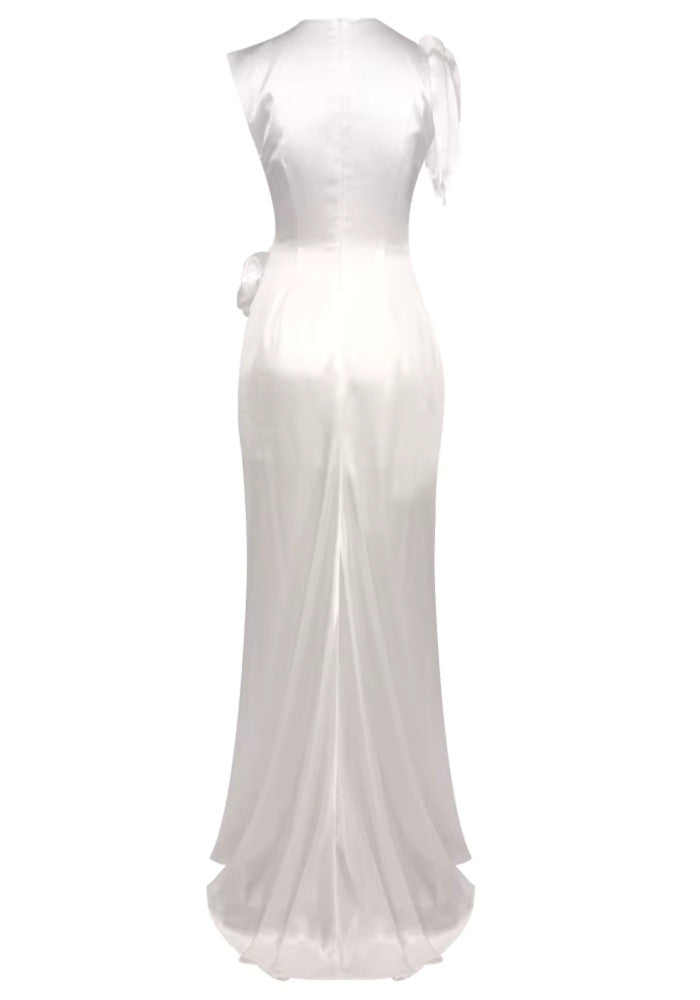 Floral Draped Silk Maxi Dress White