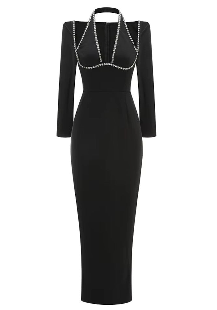 Halter Long Sleeve Crystal Bustier Maxi Dress Black