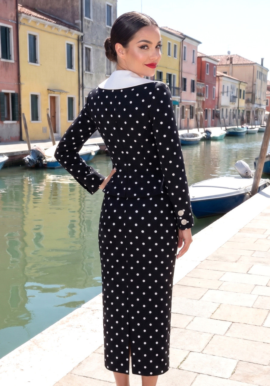 Long Sleeve Polka Dot Midi Two Piece Dress Black