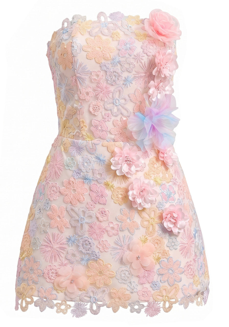 Strapless Floral A Line Dress Pink
