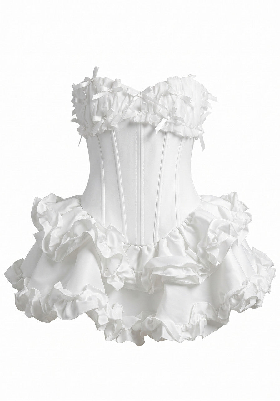 Strapless Bow Detail Ruffle Corset Dress White