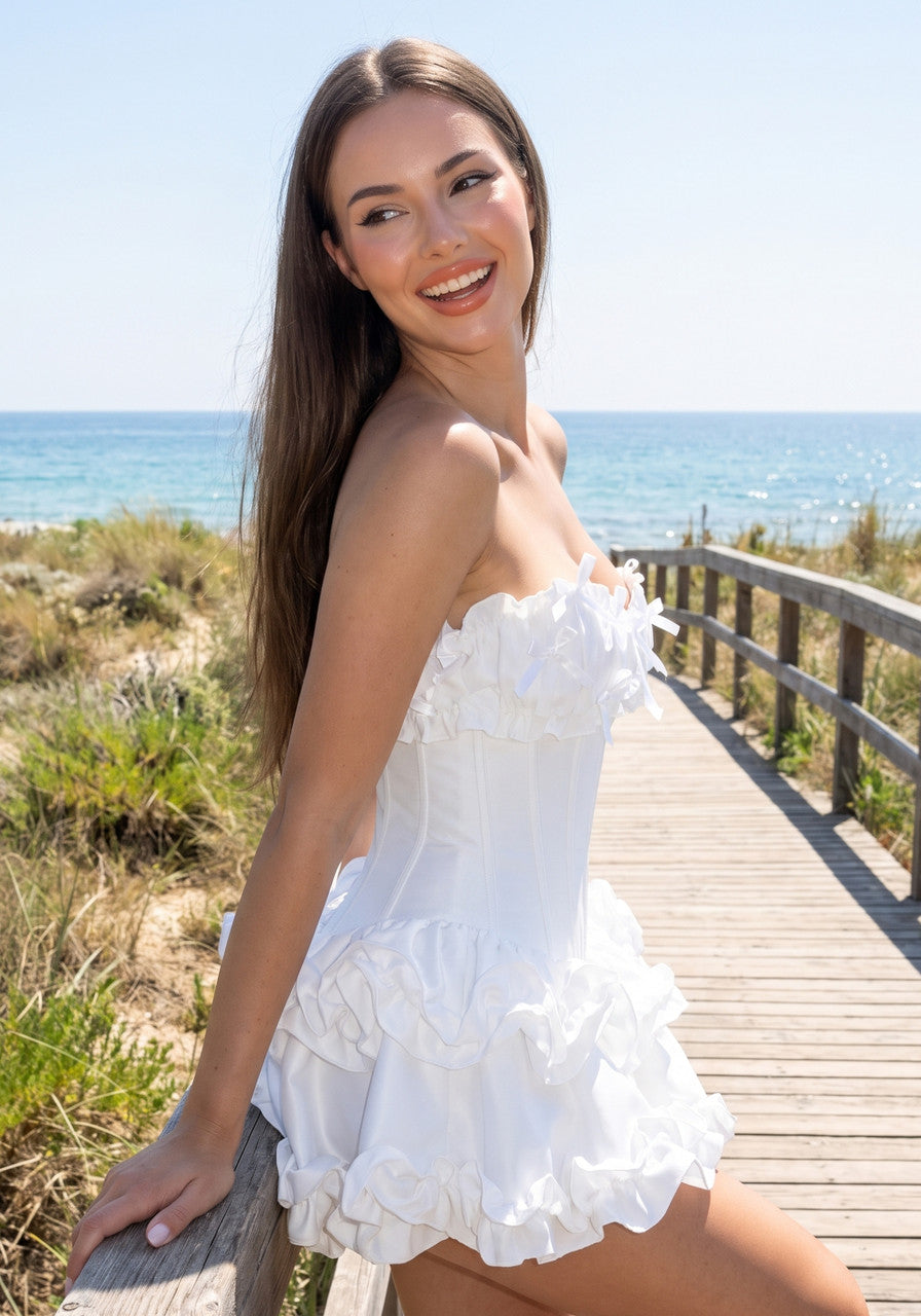 Strapless Bow Detail Ruffle Corset Dress White