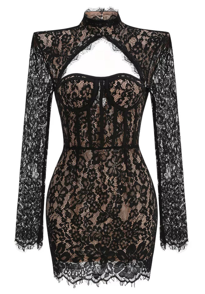 Long Sleeve Lace Bustier Dress Black