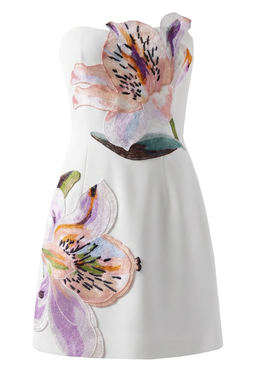 Strapless Floral Embroidered Dress White