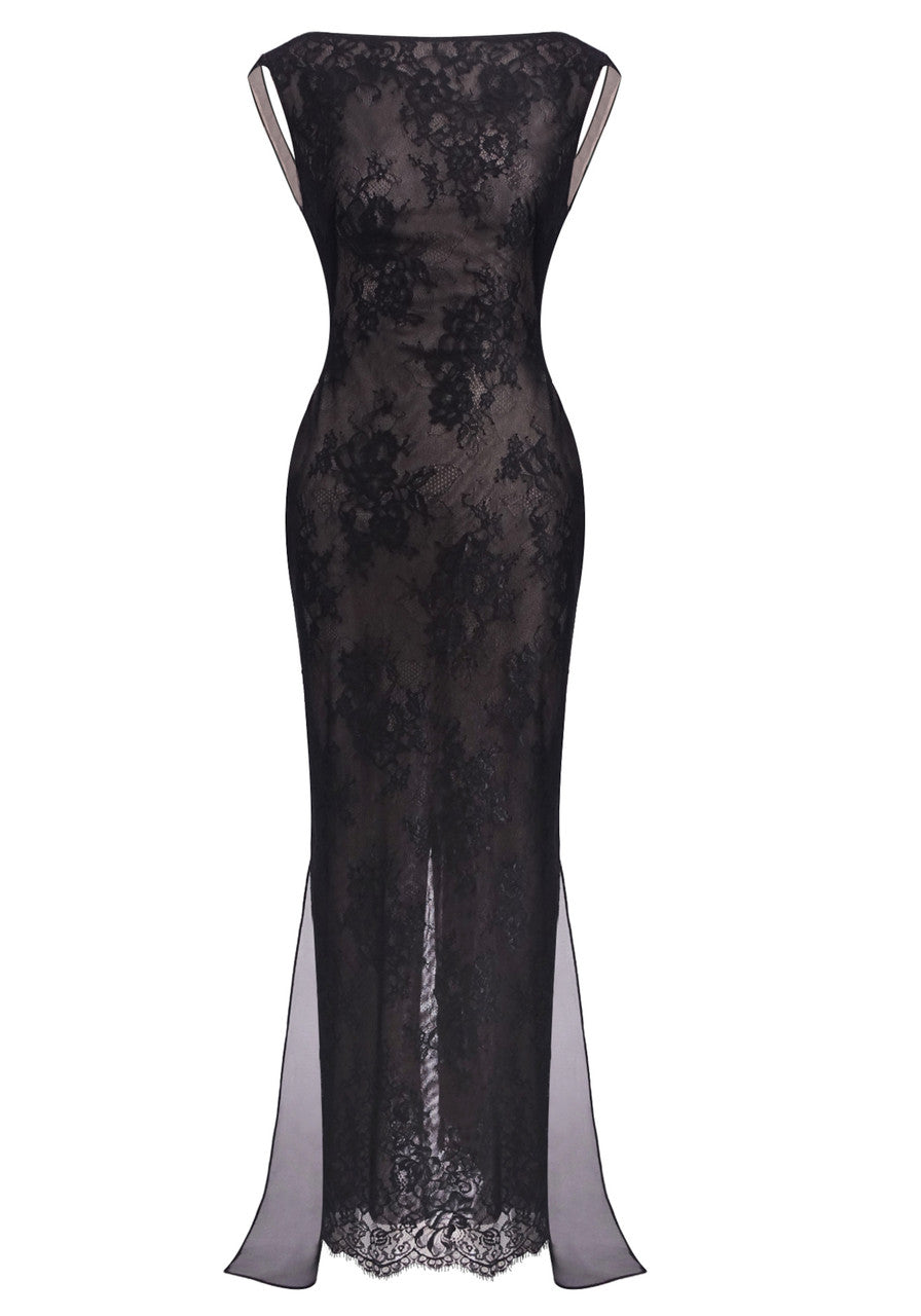 Lace Backless Bow Maxi Dress Black