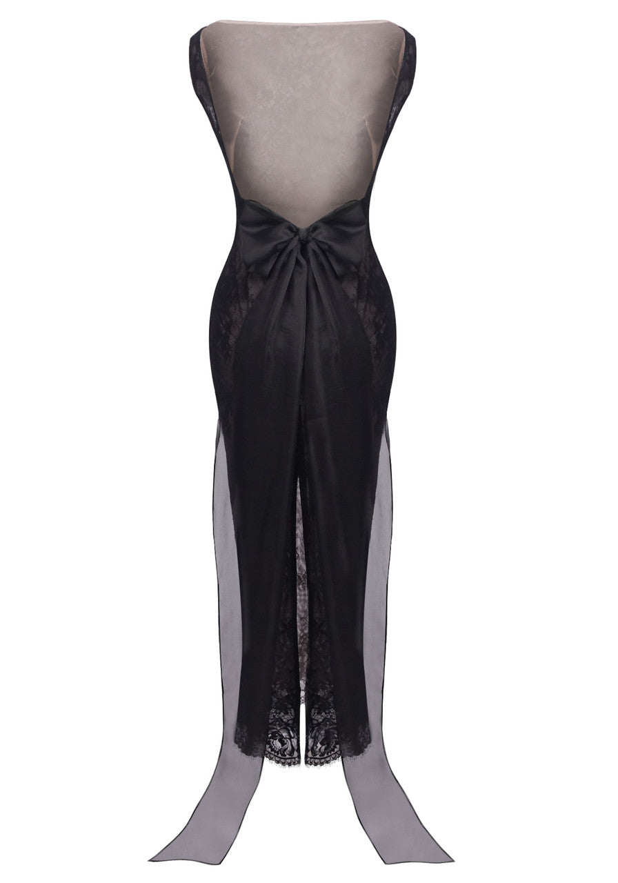 Lace Backless Bow Maxi Dress Black