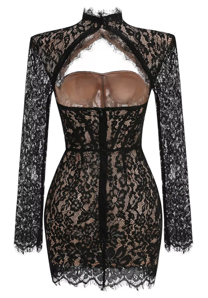 Long Sleeve Lace Bustier Dress Black